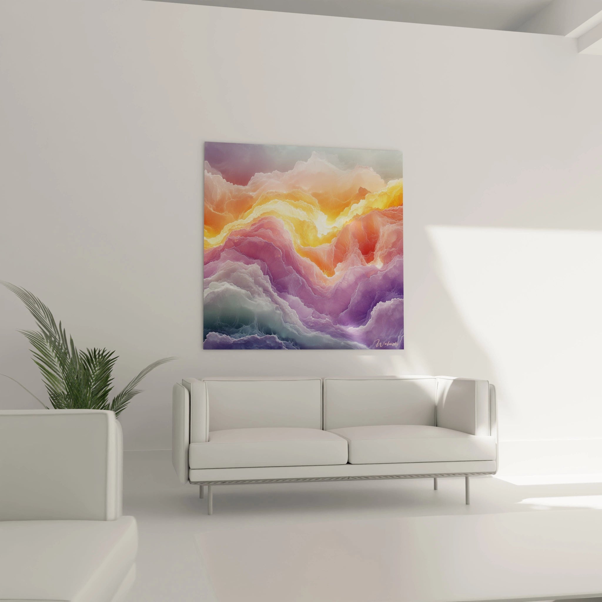 Tableau expressionniste abstrait de Walensky avec des nuances de rose, orange et violet sur un mur blanc