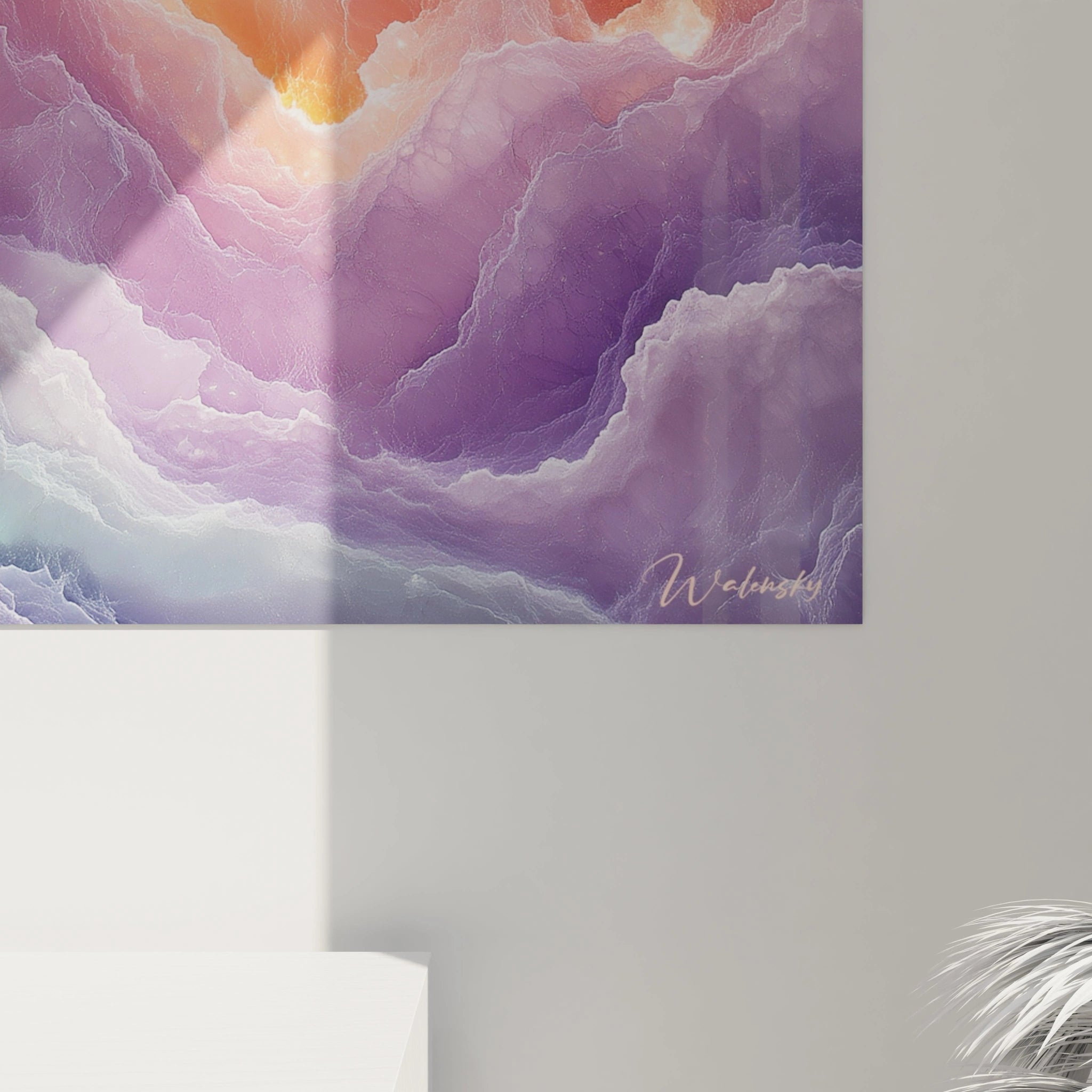 Tableau expressionniste abstrait de Walensky avec des couleurs violettes et or, créant une ambiance artistique