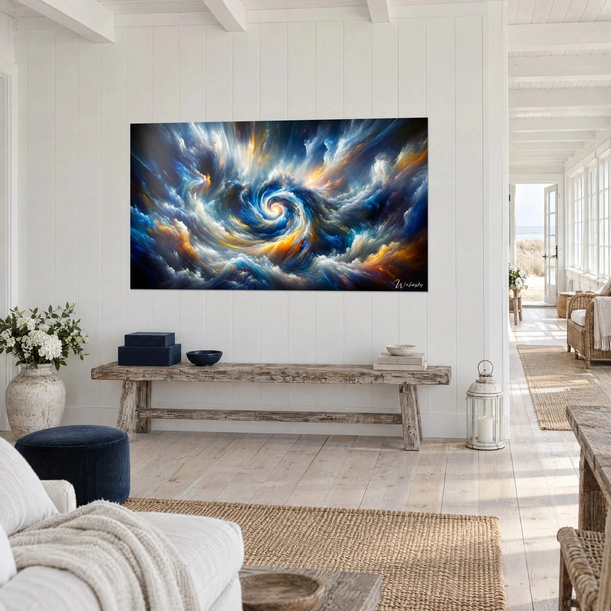 Wall art of a swirling cloudscape in midnight blue and cream white, orange touches toward the spiral, on a wall of white wooden slats, three-quarter view