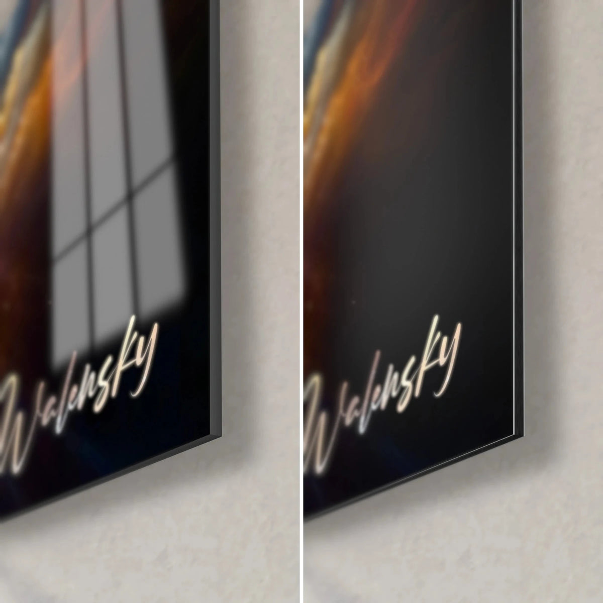 Wall art of an abstract storm in deep blue and amber, signature in the lower right corner, Walensky, glossy acrylic glass on the left, matte Dibond on the right