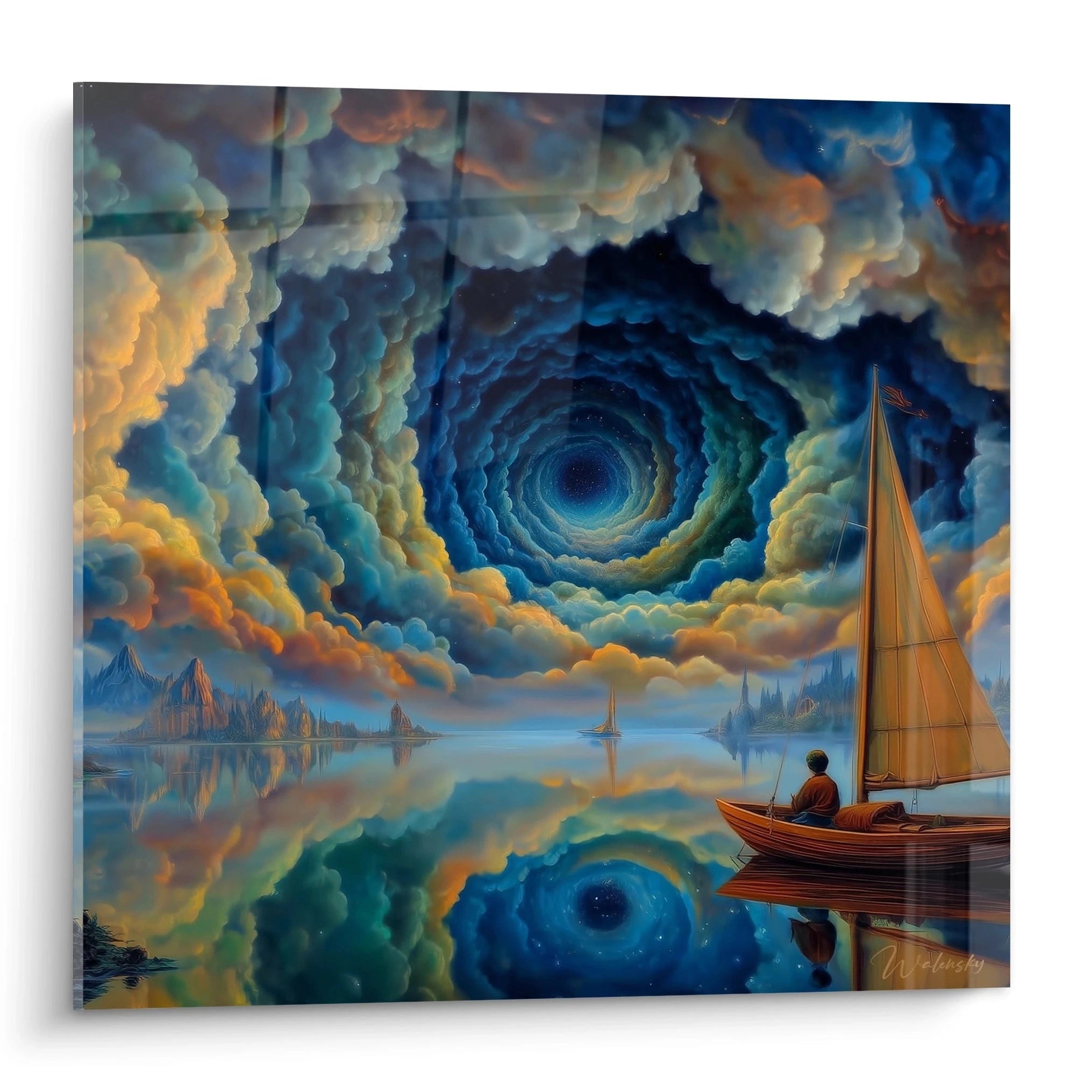 Tableau mural Walensky montrant un tableau surréaliste voyage impossible avec voilier sur eau miroir et vortex de nuages