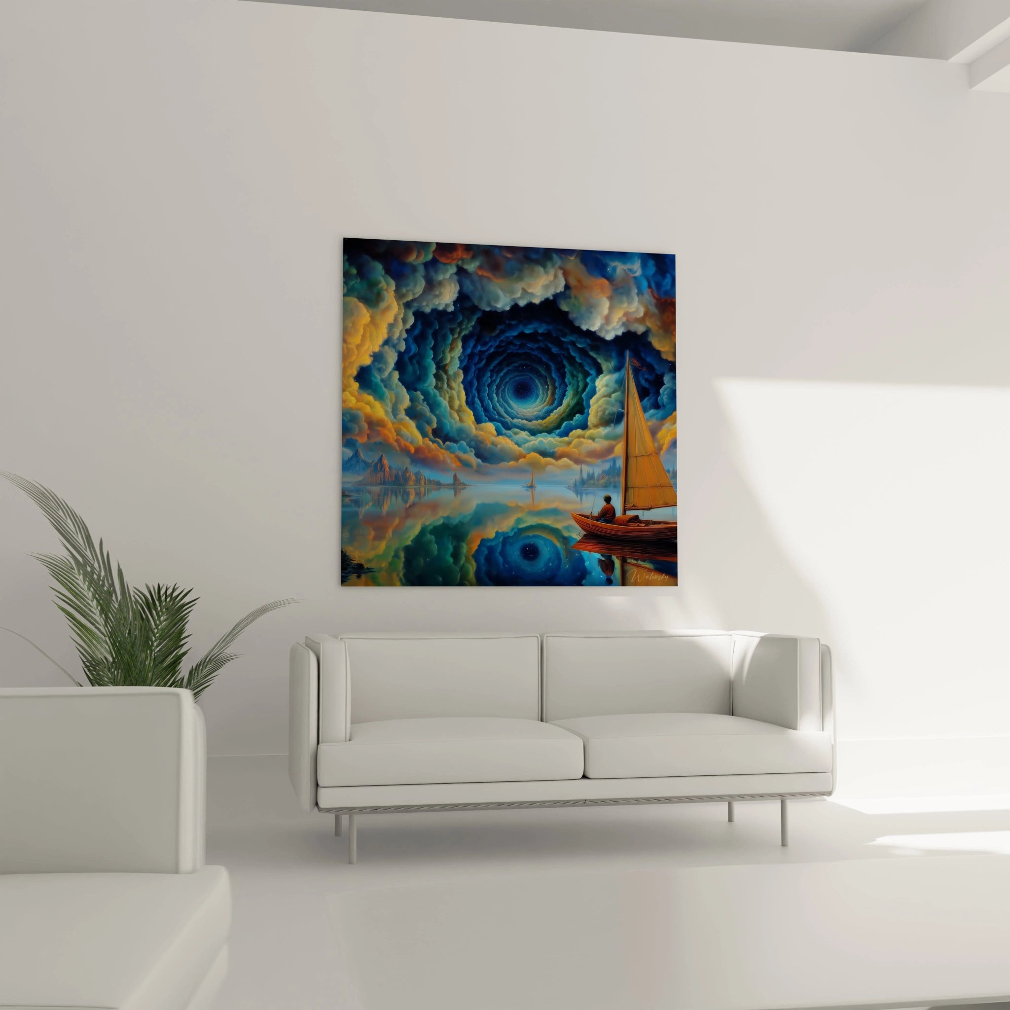 Tableau mural Walensky tableau surréaliste voyage impossible avec ciel en spirale bleu et jaune voilier et reflet sur eau