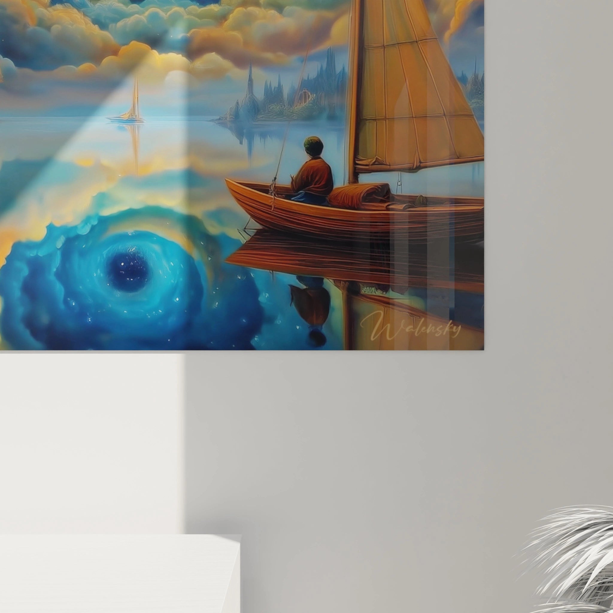 tableau surréaliste voyage impossible Walensky peinture murale bateau homme contemplant un tourbillon cosmique sur lac