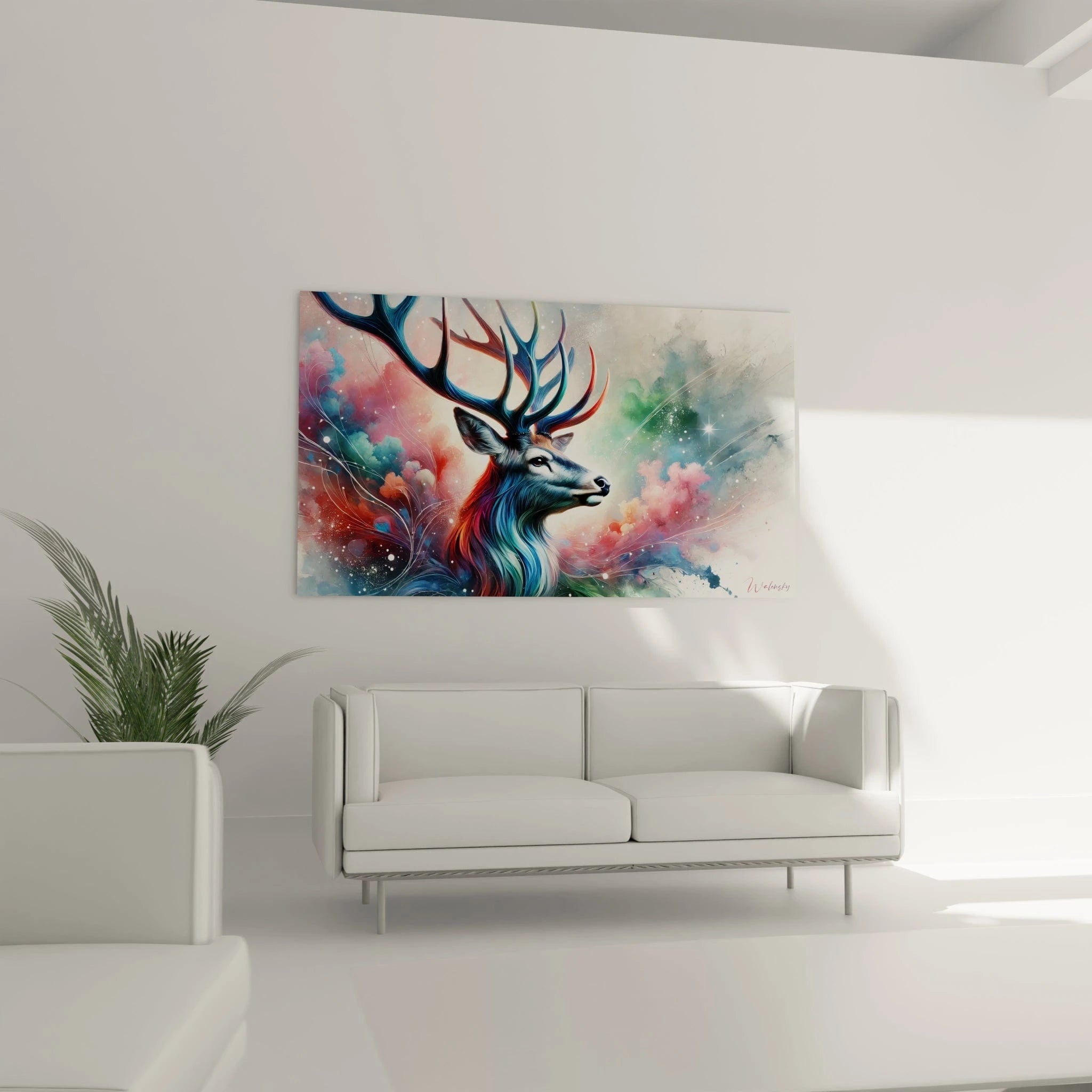 Tableau cerf installé dans un salon au-dessus d’un canapé. Scène captivante où nature et cosmos se mêlent. Harmonie des couleurs bleu, rouge et vert rehaussant l’élégance du décor.