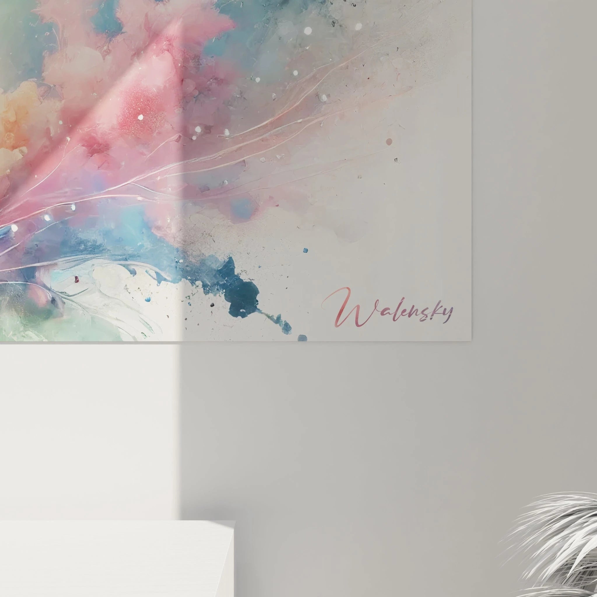 Vue rapprochée du tableau cerf révélant des détails minutieux du pelage et des volutes colorées. Énergie mystique et nuances éclatantes évoquant un univers entre ciel et terre.