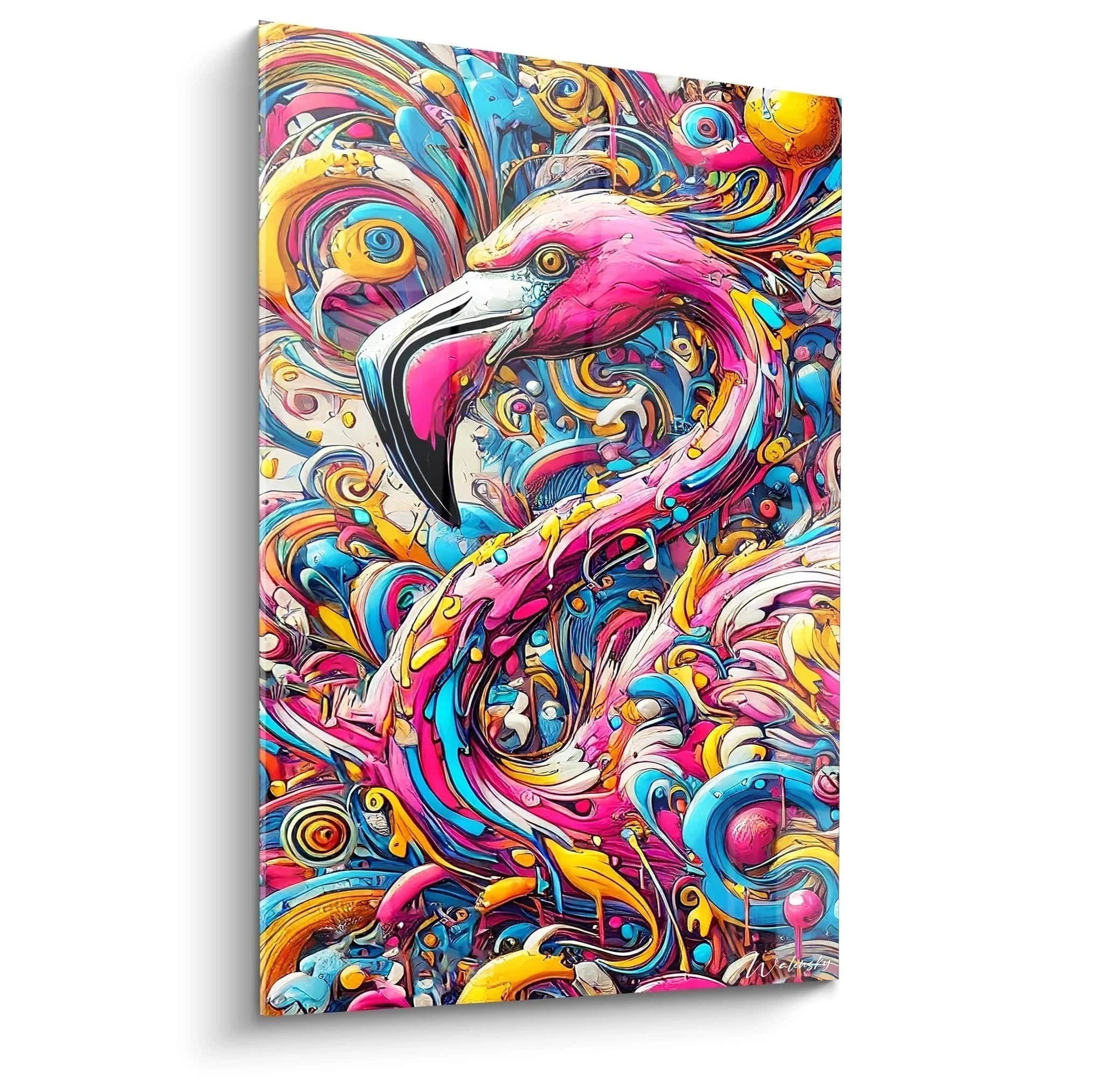 Tableau abstrait de flamant rose entouré d'une explosion de couleurs vives. Les détails minutieux des plumes apportent une touche dynamique et artistique. 🌈 #TableauFlamantRose