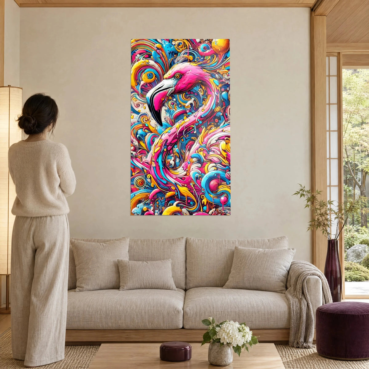 Tableau flamant rose en pop art, bec noir et volutes bleu turquoise et jaune safran, au-dessus d'un canapé dans un salon lumineux