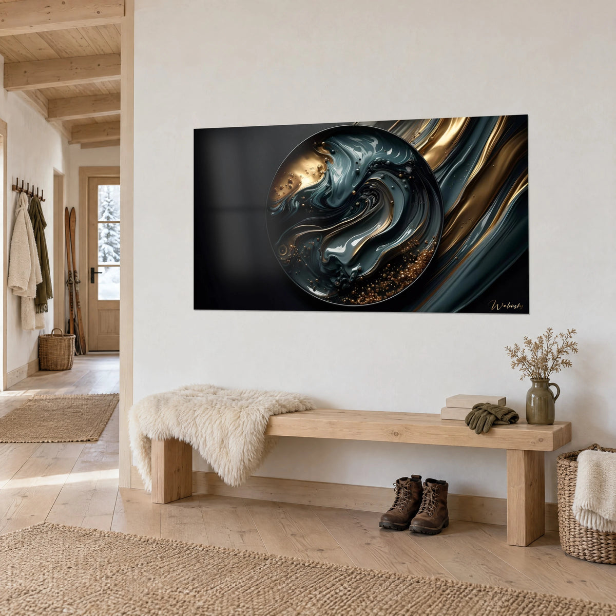 Wall art fluid marbling in a circle, slate blue and copper gold on deep black, hung in the entrance of a chalet