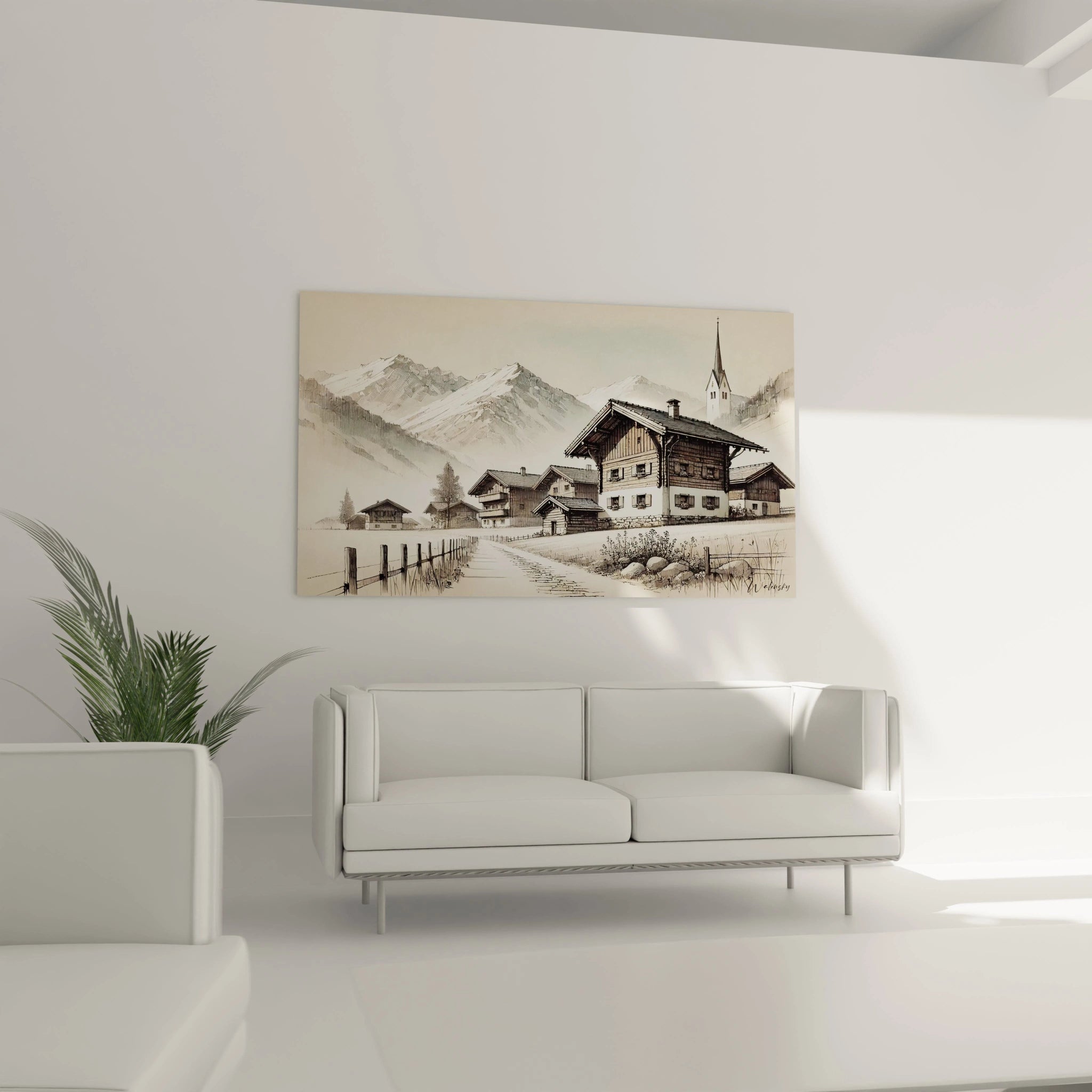 tableau france exposé au mur d un salon au dessus d un canapé avec des chalets alpins style rustique et montagnes majestueuses parfait pour un intérieur cosy et élégant tons beige gris blanc