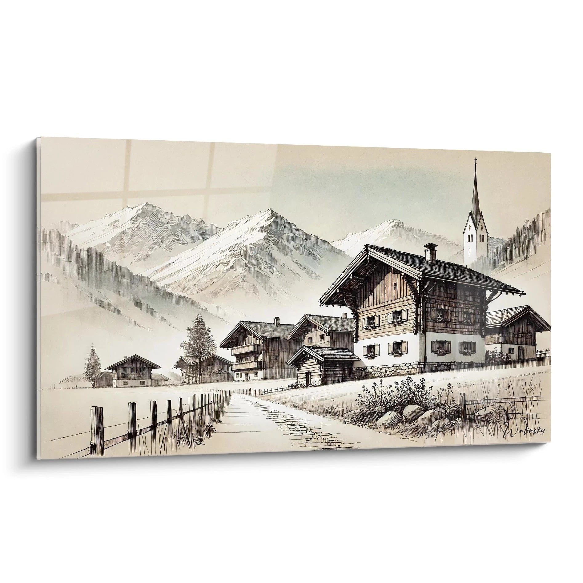 tableau france vue de biais avec chalets en bois montagnes enneigées et ambiance brumeuse style semi realiste tons beige gris blanc profondeur et reflets magnifiés par le support