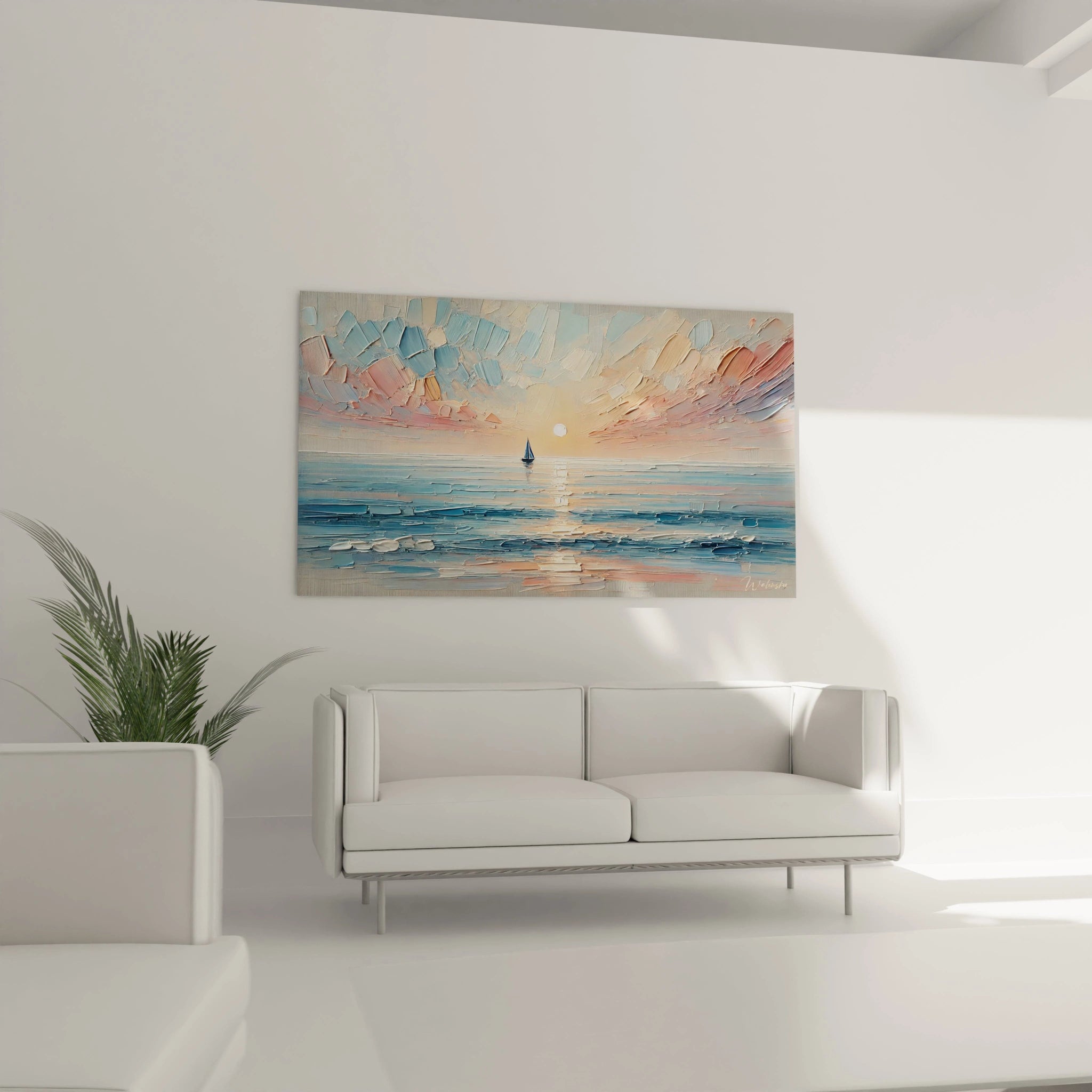 Tableau voilier dans un salon contemporain. Couleurs pastel et touches lumineuses ajoutent une touche de calme et de sophistication à l'intérieur."