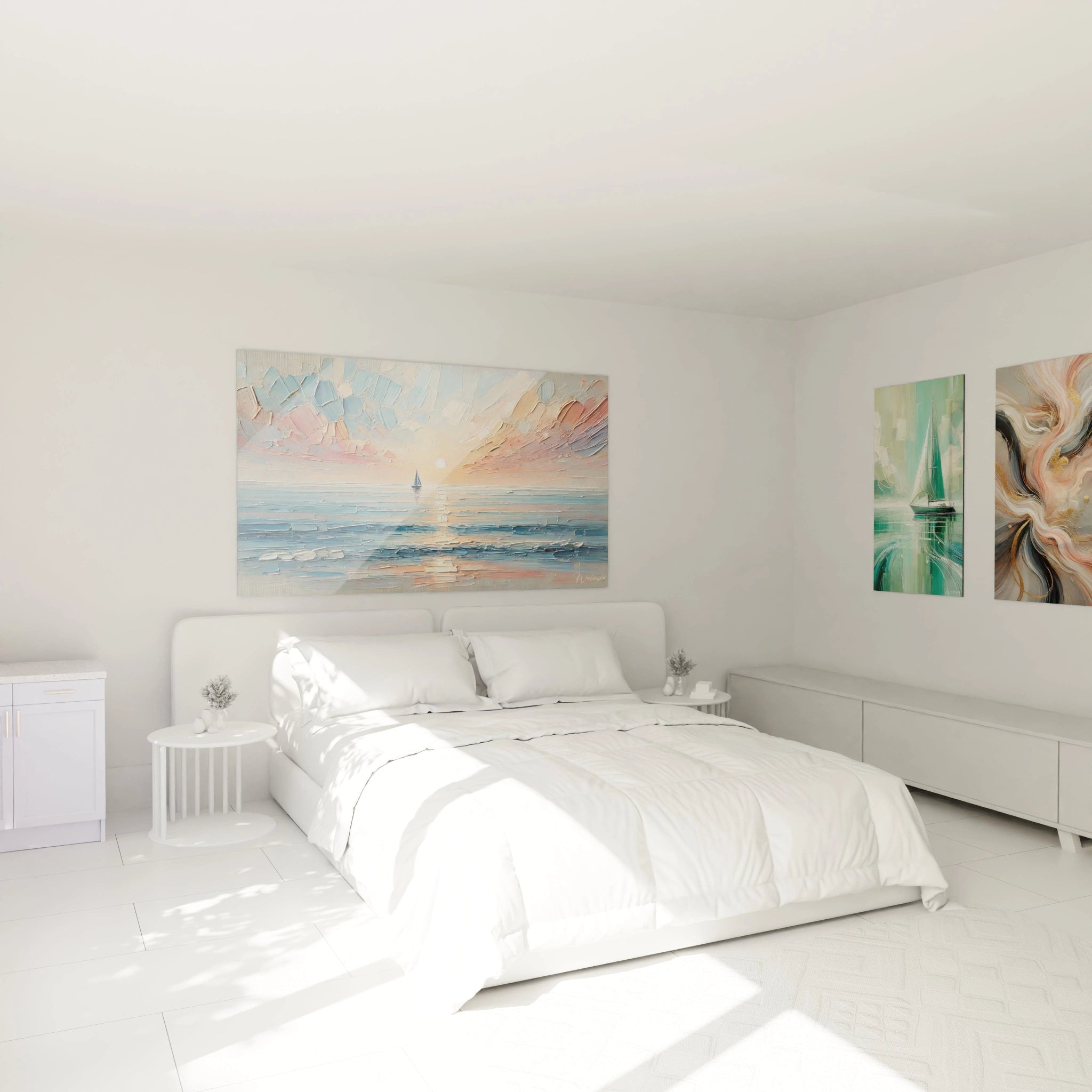 Tableau voilier au coucher du soleil dans une chambre moderne. Couleurs douces et pastel, créant une atmosphÚre apaisante pour l'espace de repos."