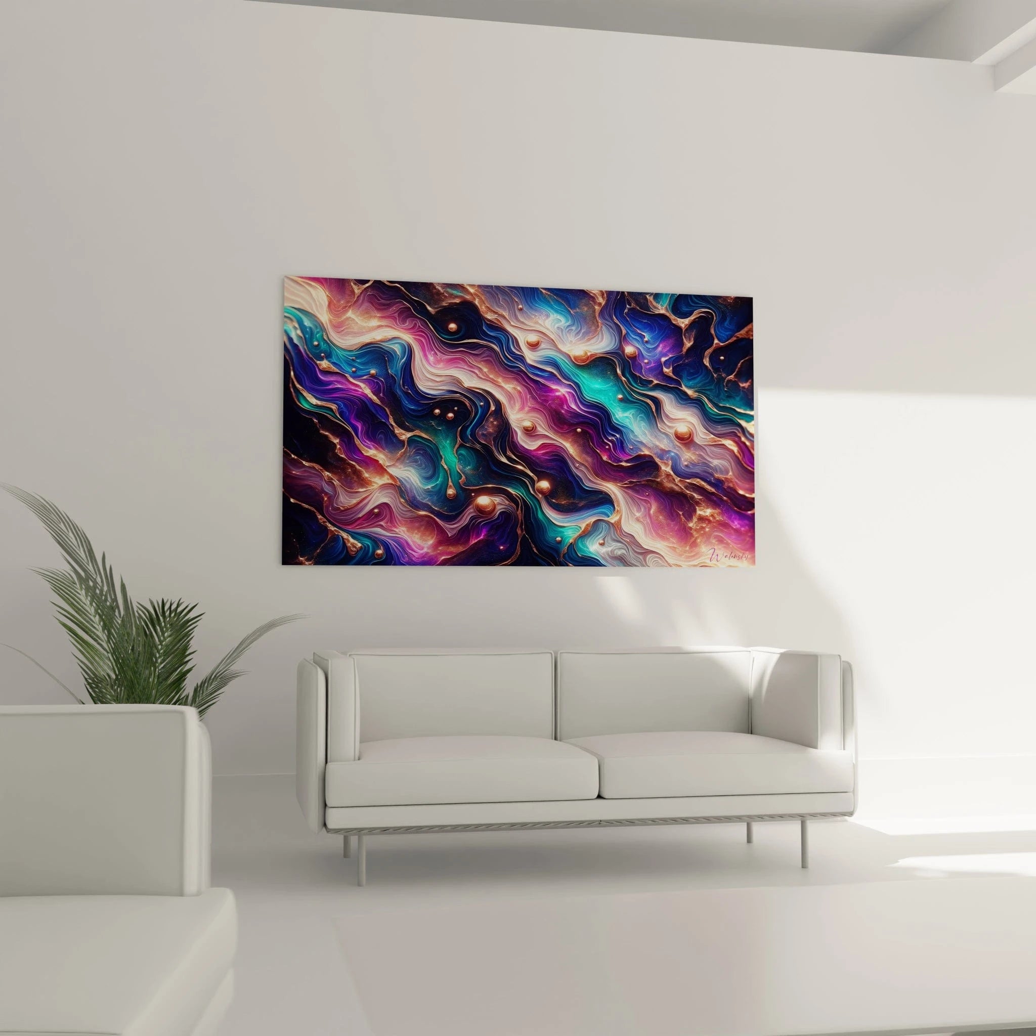 Tableau abstrait figurant un réseau de flux colorés délimités par filaments métalliques. Dominantes de bleu marine, cyan, magenta, lilas et blanc nacré avec accents or. Surface texturée par strates marbrées et perles dorées dispersées. Structure organique avec courants tourbillonnants multicolores et veines cuivrées créant un contraste éclatant sur fond sombre.