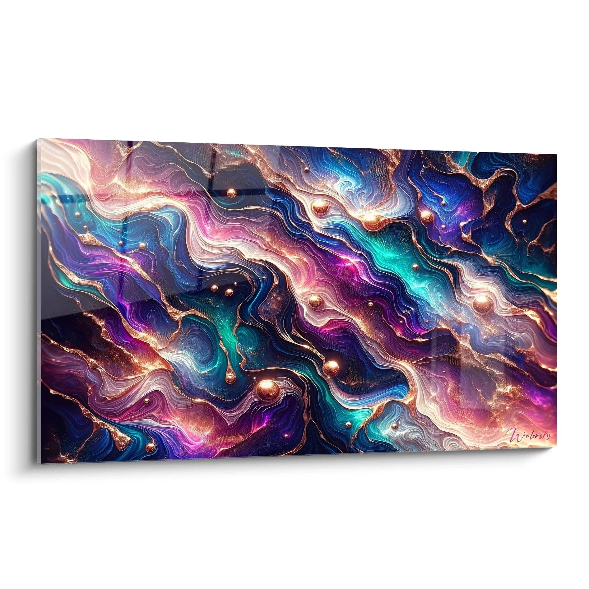 Tableau abstrait représentant des courants marbrés entrelacés avec inclusions sphériques dorées. Palette riche de bleu cobalt, turquoise, violet, rose et blanc avec bordures cuivrées. Texture fluide évoquant des veines minérales avec sphères métalliques en relief. Composition dynamique de vagues colorées séparées par des lignes dorées brillantes créant un effet de profondeur luxueux.