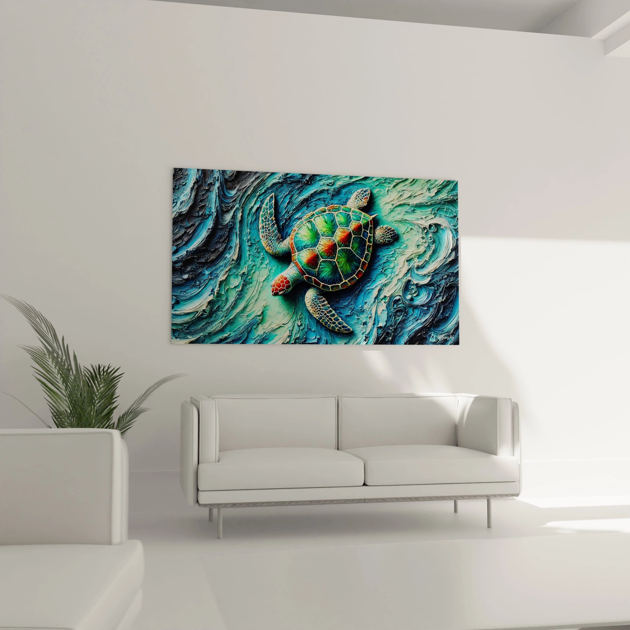 Sublimez votre salon avec ce tableau tortue de mer accroché au-dessus du canapé. Ses teintes éclatantes et son mouvement fluide apportent à la pièce un style marin et contemporain.