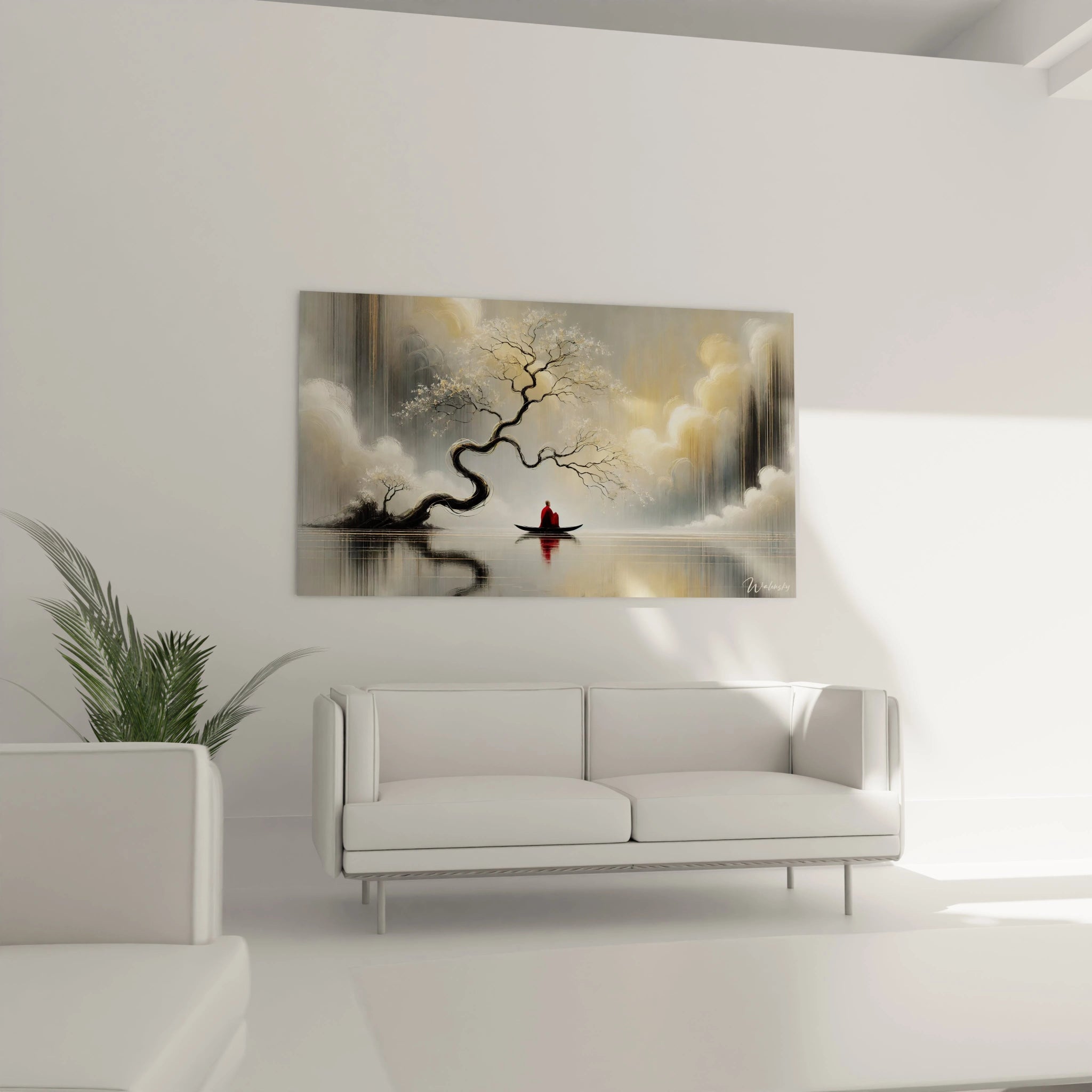Sublimez votre salon avec ce tableau feng shui au-dessus du canapé. Son style minimaliste et ses nuances douces insufflent sérénité et harmonie à votre décoration.