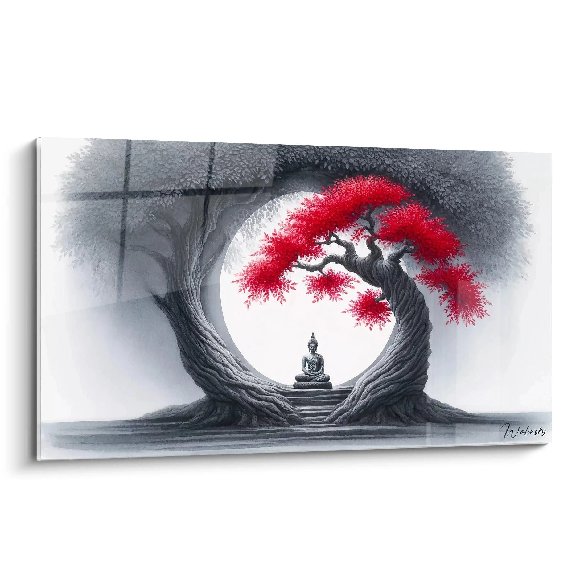 Ce tableau zen vu de biais révèle l'harmonie parfaite entre nature et esprit. Les couleurs vives et les formes apaisantes captivent l'œil et invitent à la méditation.