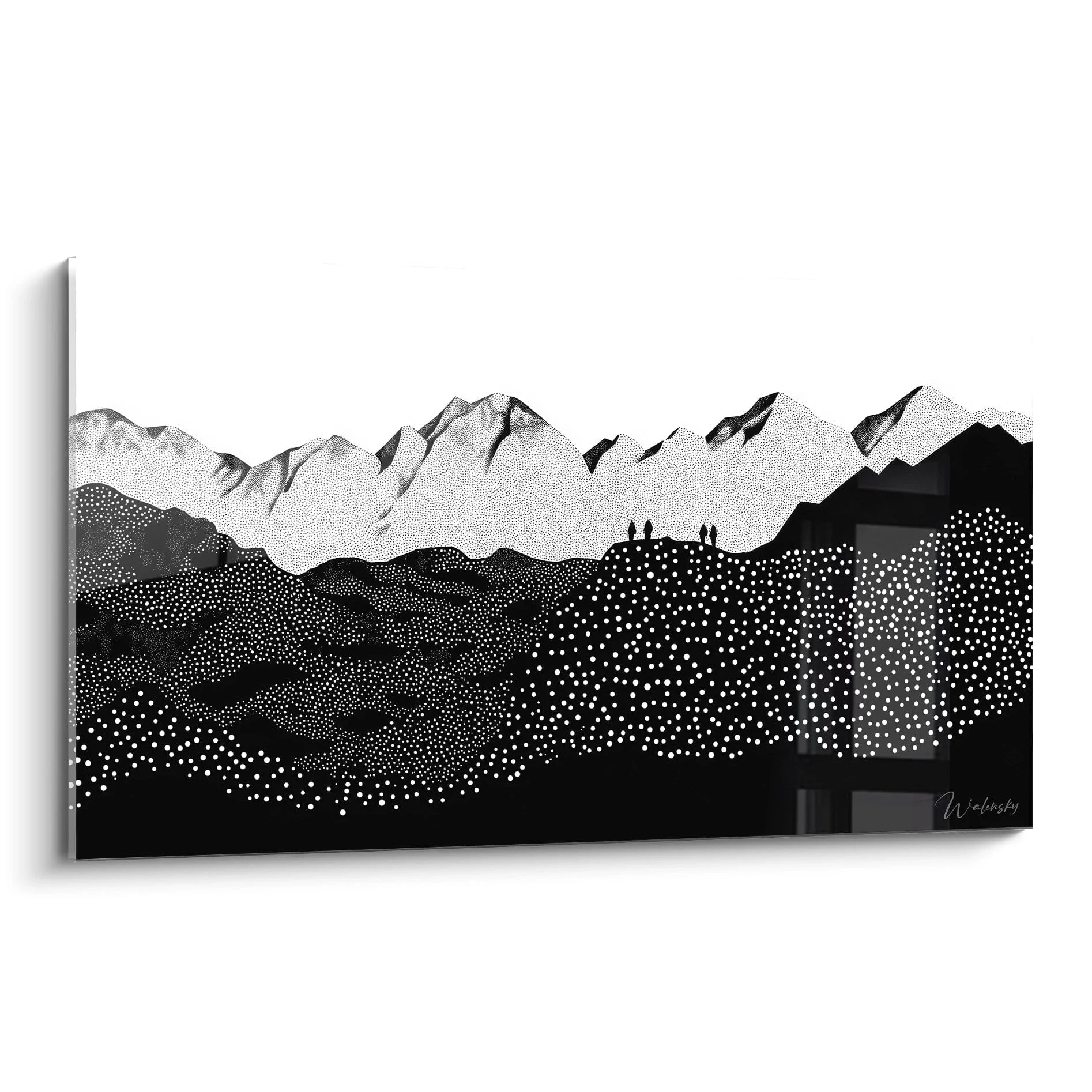 Tableau tacheté noir et blanc de paysages montagneux avec silhouettes de personnes à l'horizon