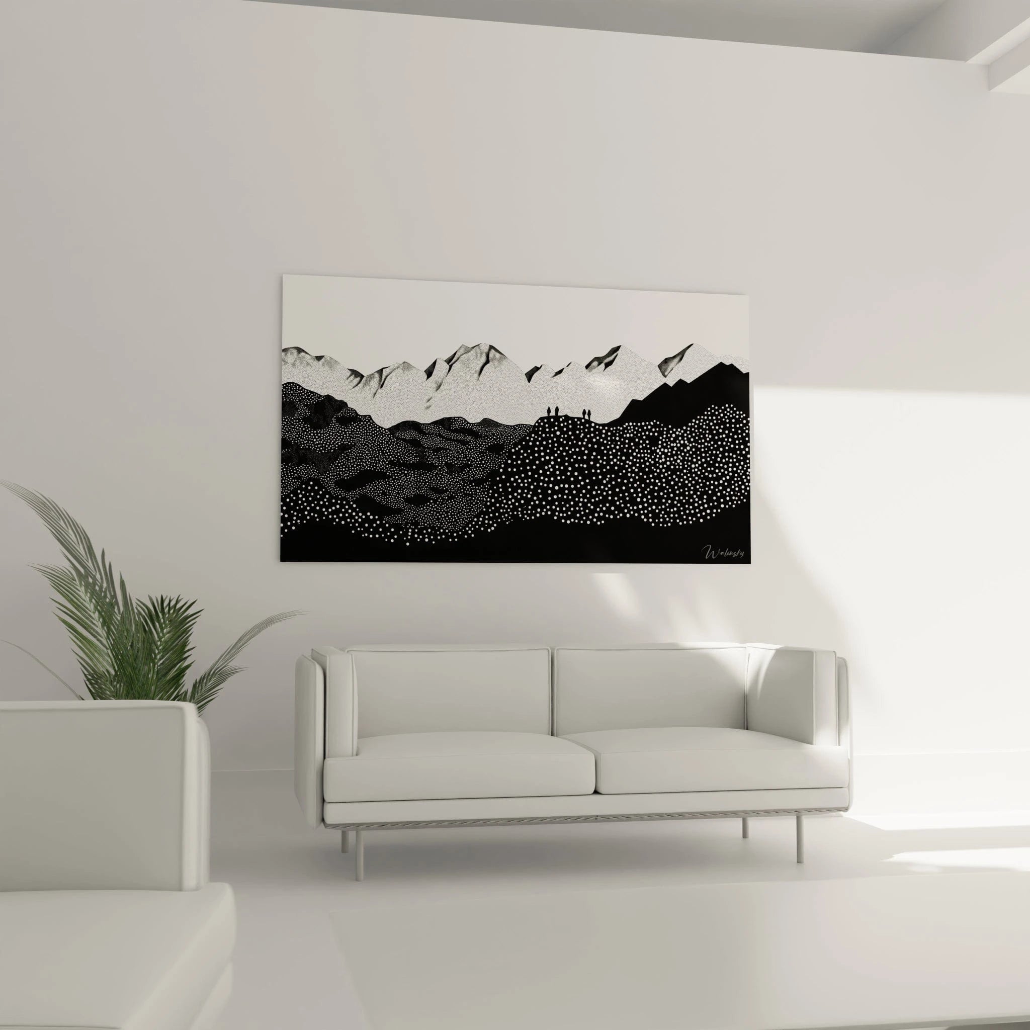 Tableau tacheté noir et blanc de Walensky représentant un paysage contemporain sur un mur blanc