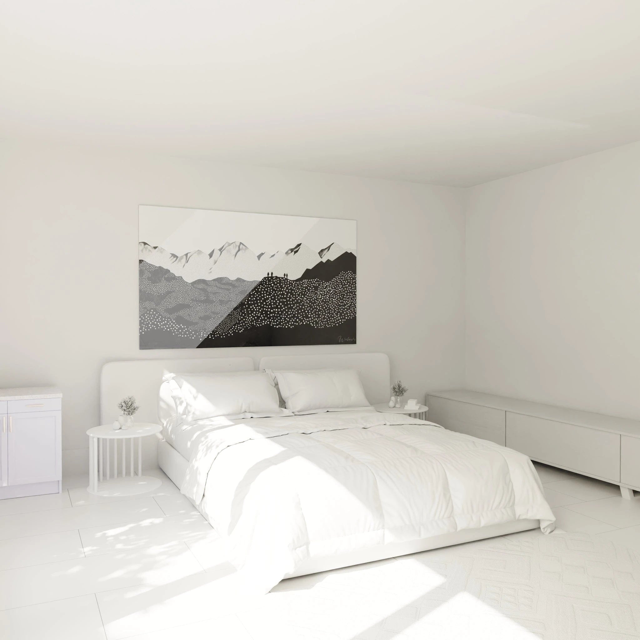 Tableau tacheté noir et blanc de Walensky décorant une chambre moderne et lumineuse