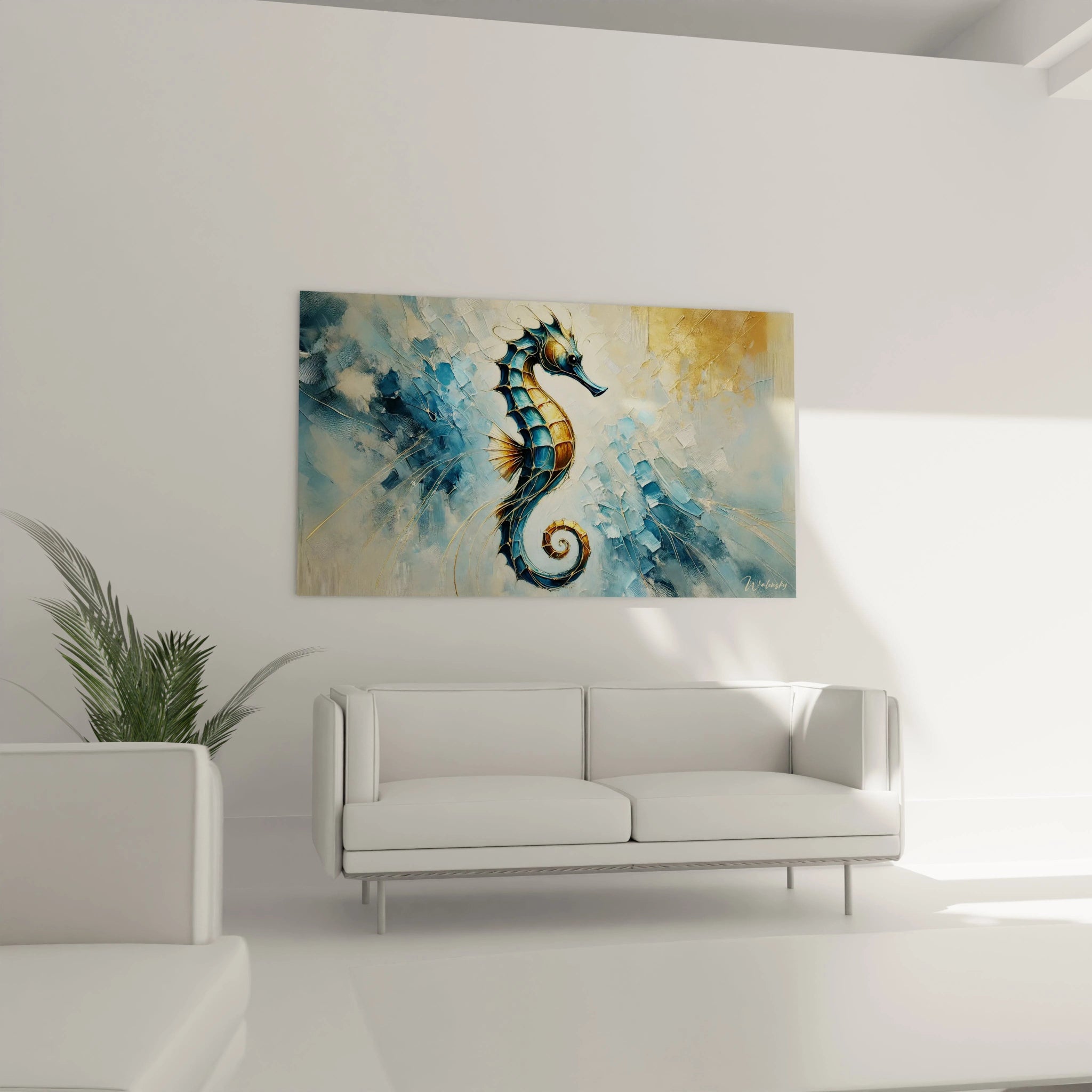 Tableau hippocampe accroché dans le salon au-dessus du canapé. Les teintes bleues et dorées créent une atmosphère paisible, ajoutant une touche de luxe et de nature marine à votre espace.