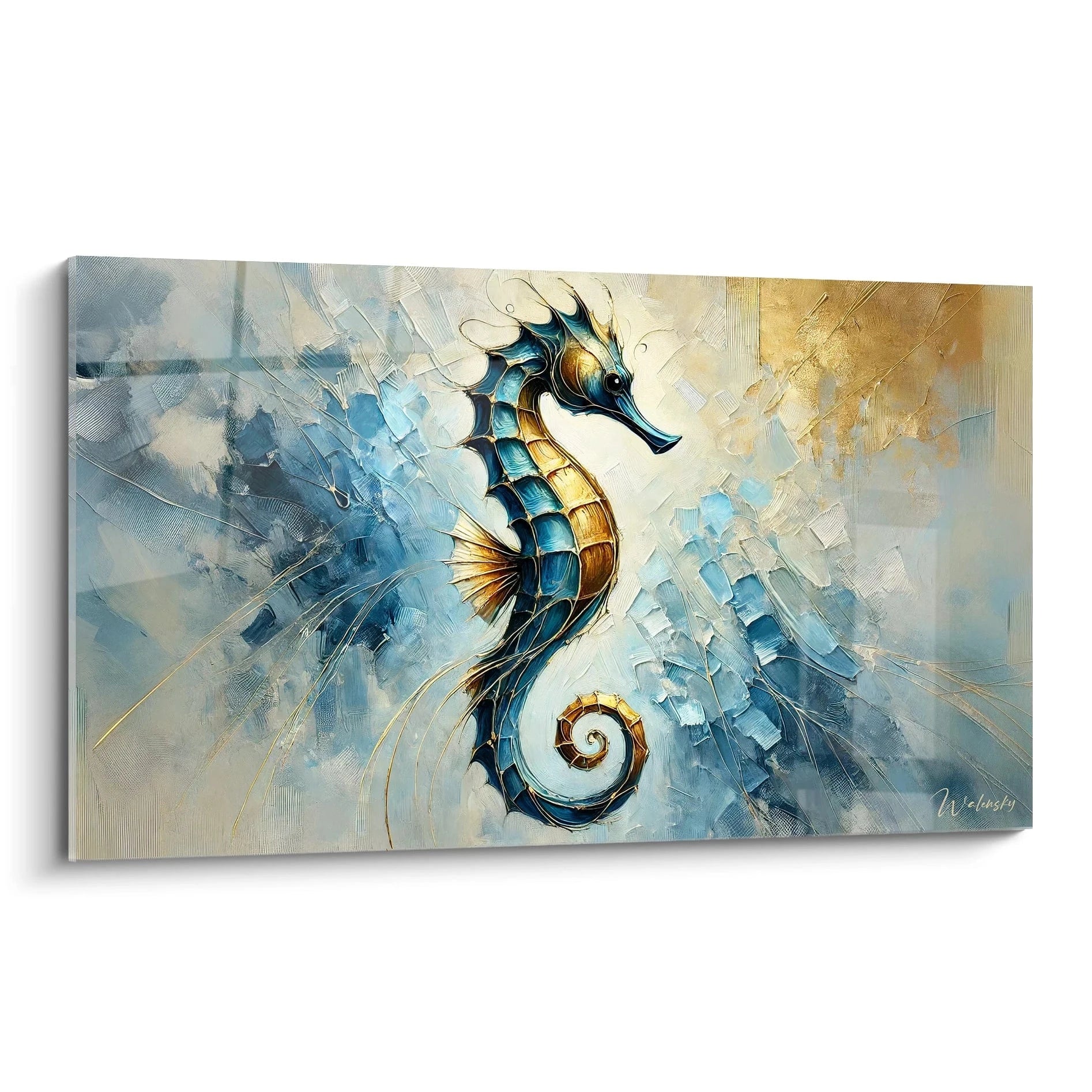 Tableau hippocampe vu de biais, capture la magie des océans avec des teintes bleues et dorées. Élégant et stylisé, idéal pour apporter sérénité et raffinement à votre intérieur.