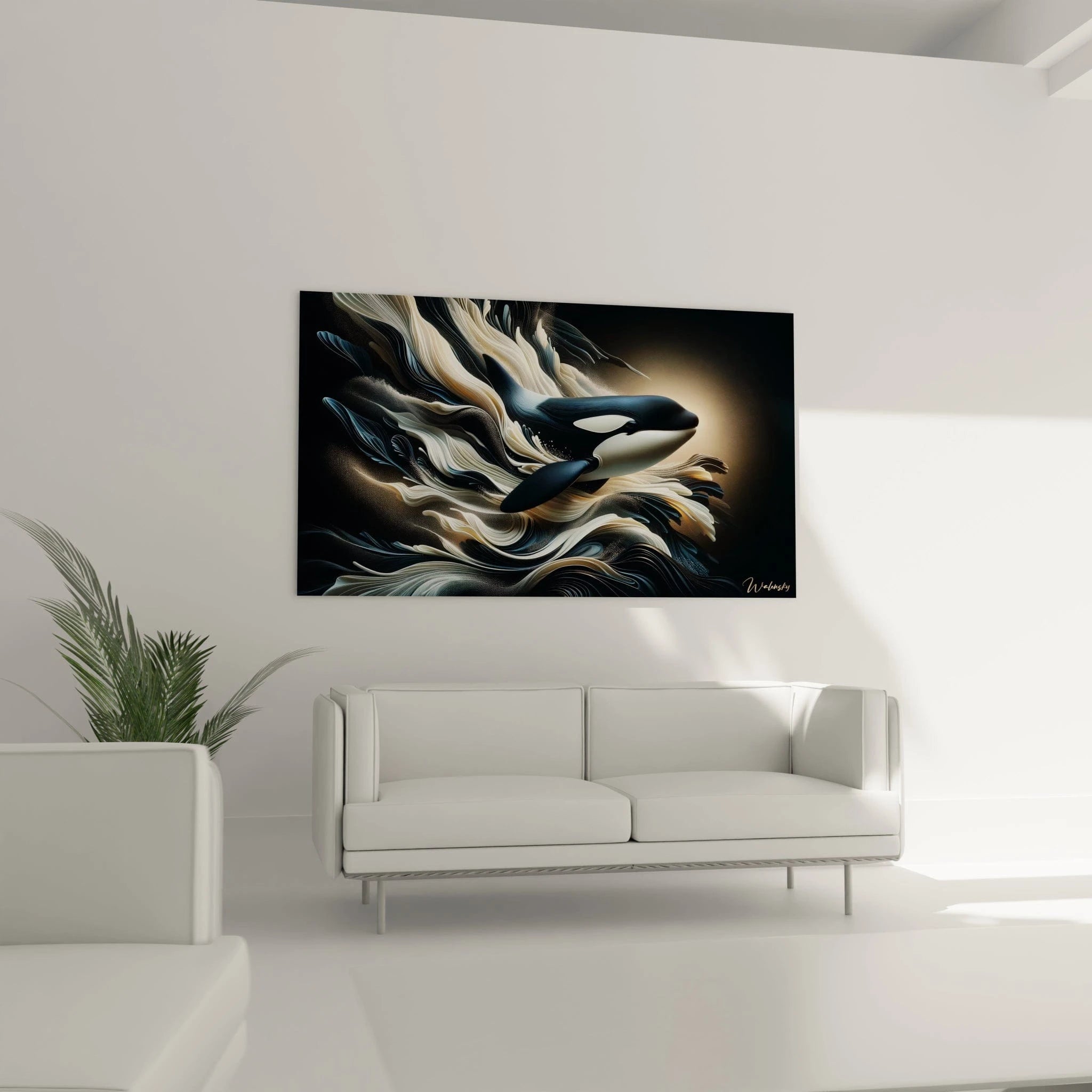 tableau orque dans un salon contemporain au-dessus d un canape design marine noir et beige capture de la majeste marine
