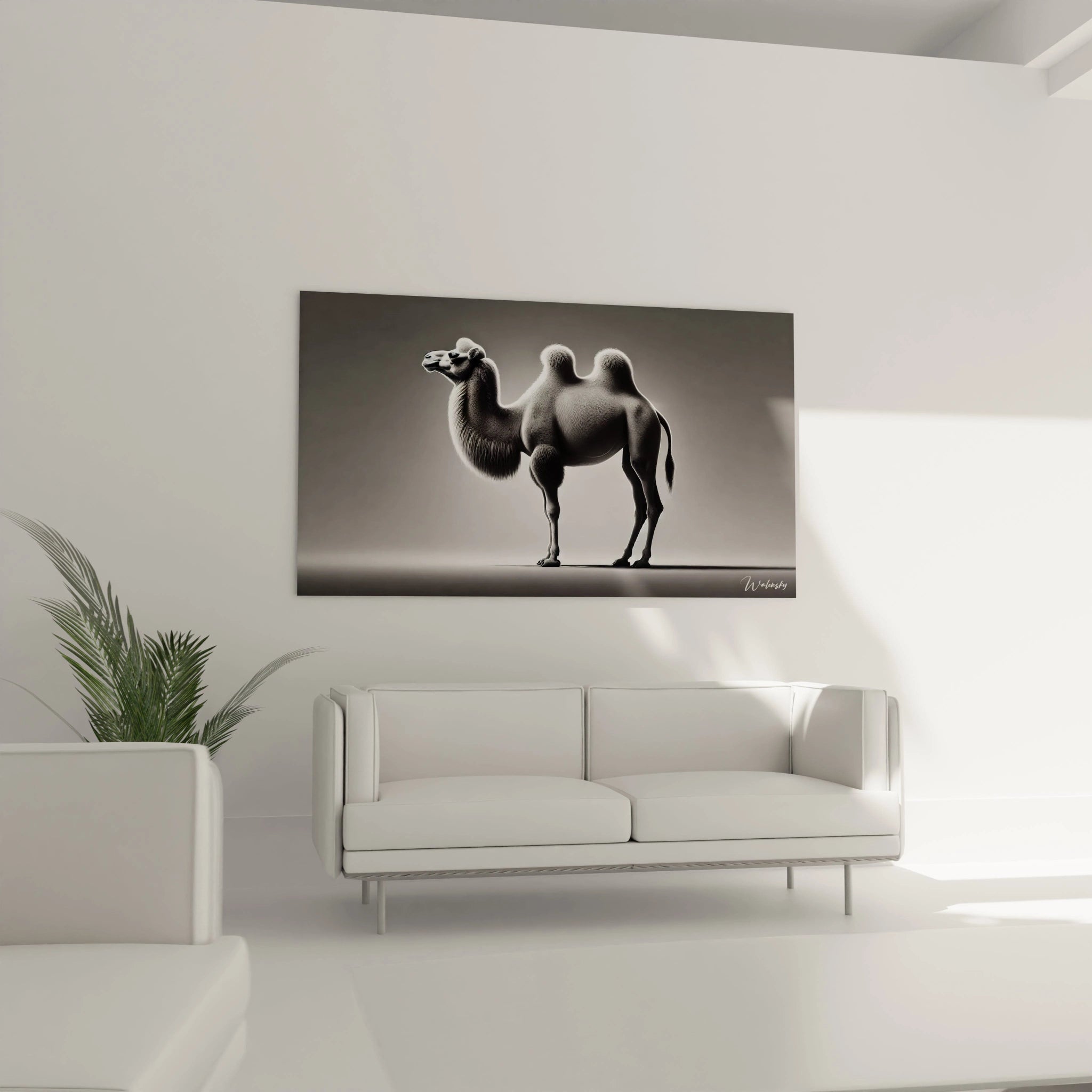 tableau chameau expose dans un salon au dessus du canape. Son style epure et contemporain ajoute une note d'elegance et de mystere, tout en apportant du caractere a votre interieur.