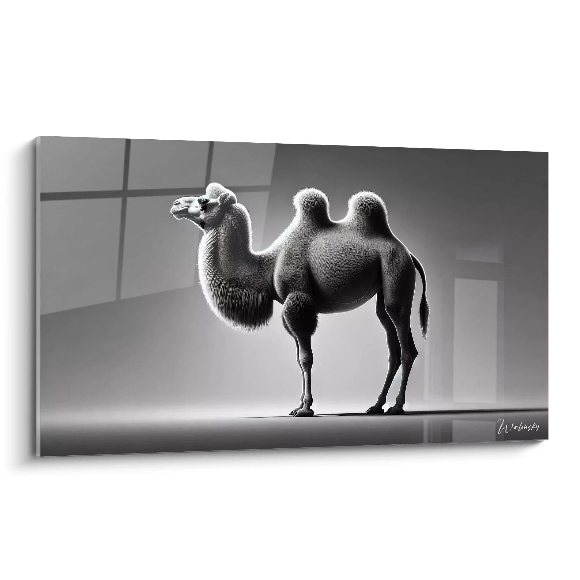 tableau chameau avec vue de biais, revelant les details precis du pelage et la sobriete du fond. La composition minimaliste met en valeur la force et la serenite de l'animal dans un cadre contemporain.