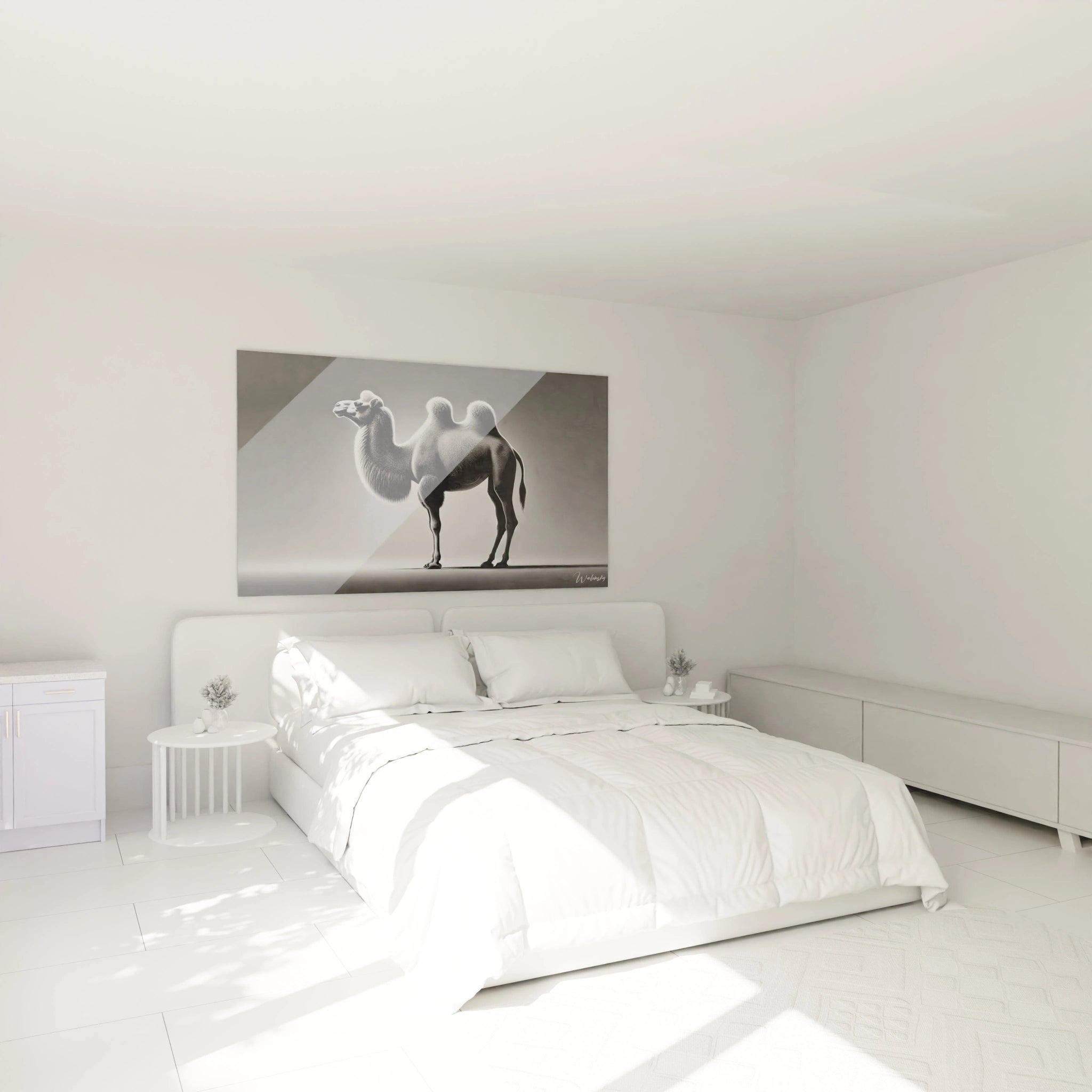 accroche dans une chambre, ce tableau chameau sublime la decoration avec ses nuances de gris et blanc. Ideal au dessus d'un lit, il apporte une touche apaisante et elegante a l'espace.