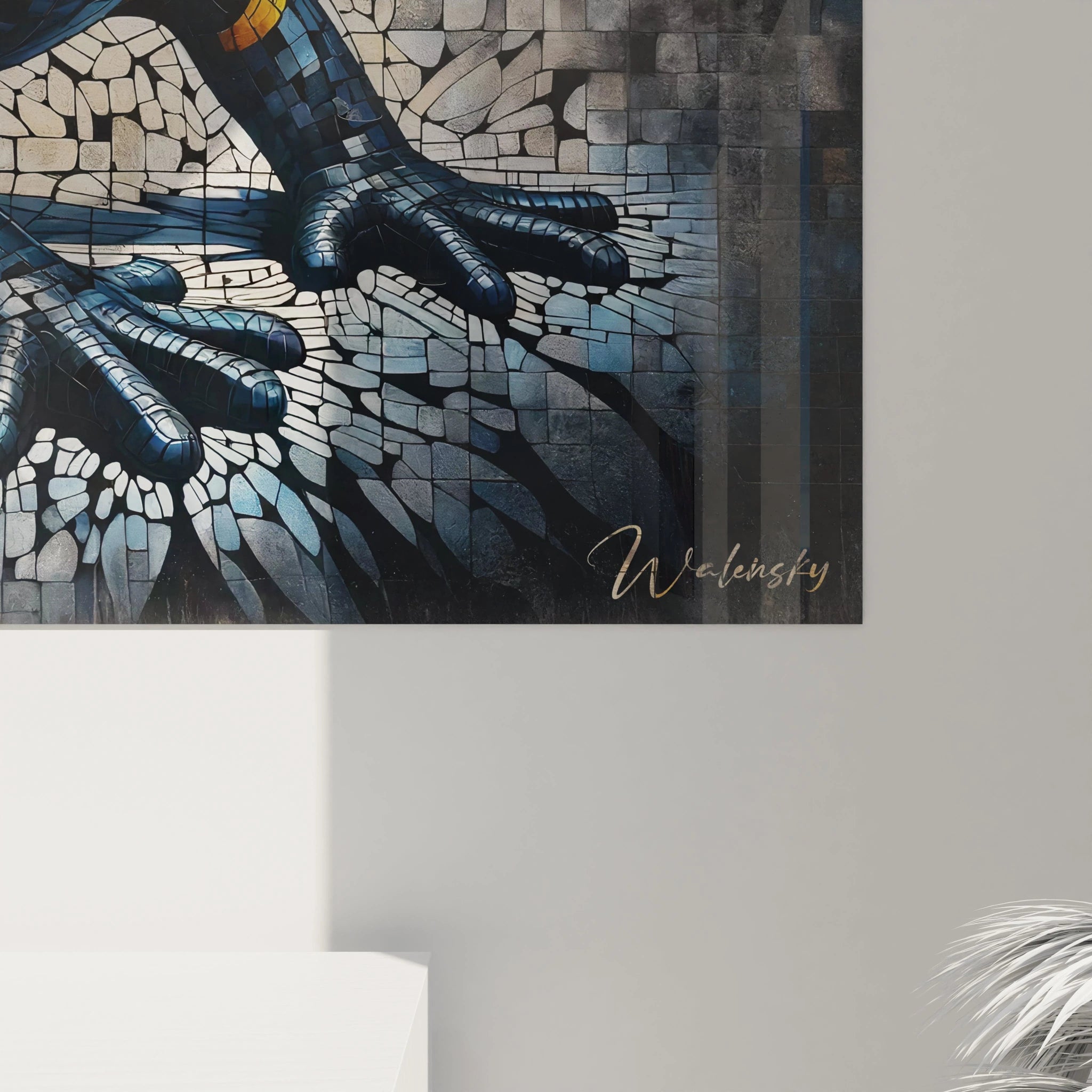 Découvrez de près les textures uniques de ce tableau Mosaique, où chaque carreau illustre la résilience et la beauté éclatante de la salamandre.