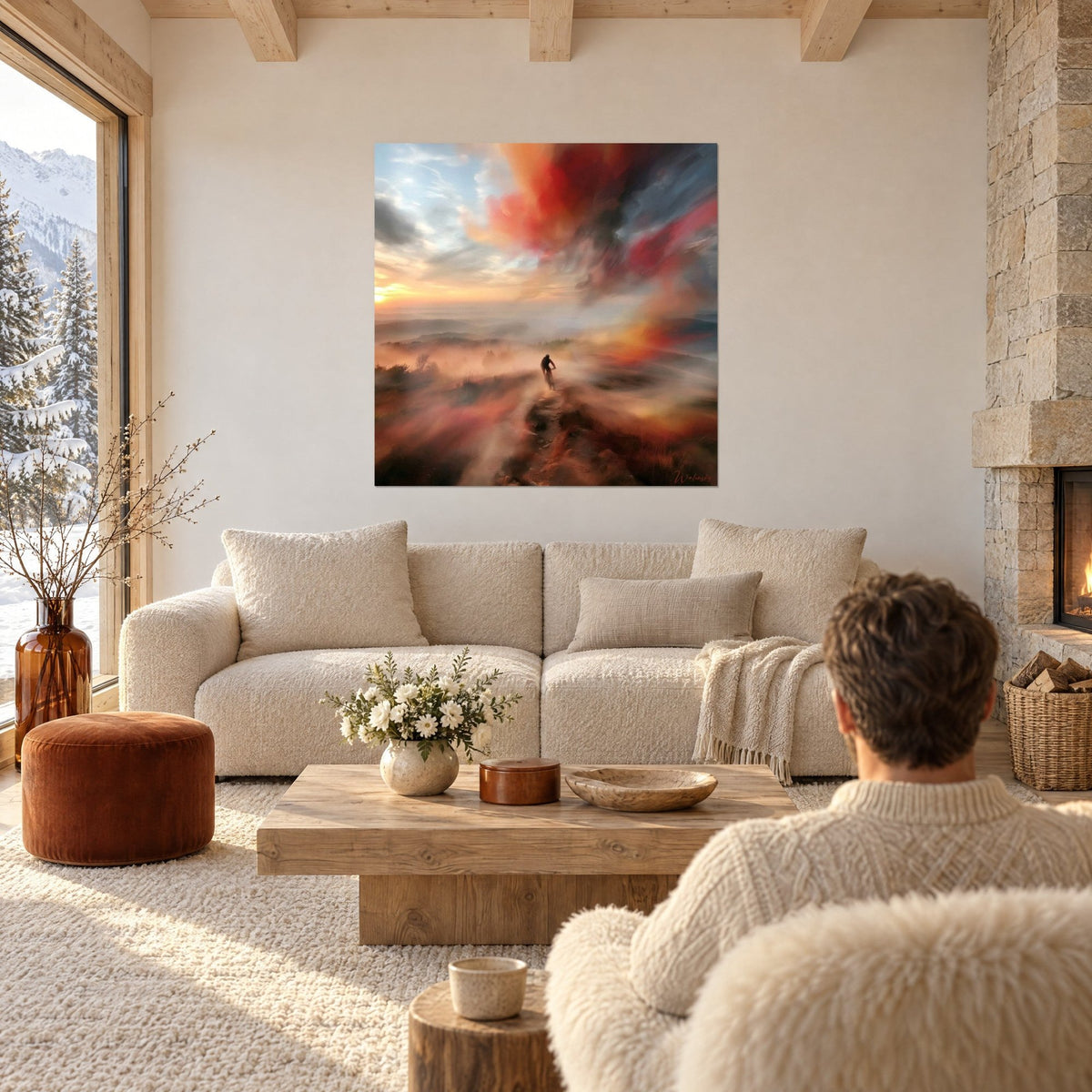 Wall art mountain biker racing along a misty ridge, bright red and orange clouds, low sun above a sofa in a bright living room