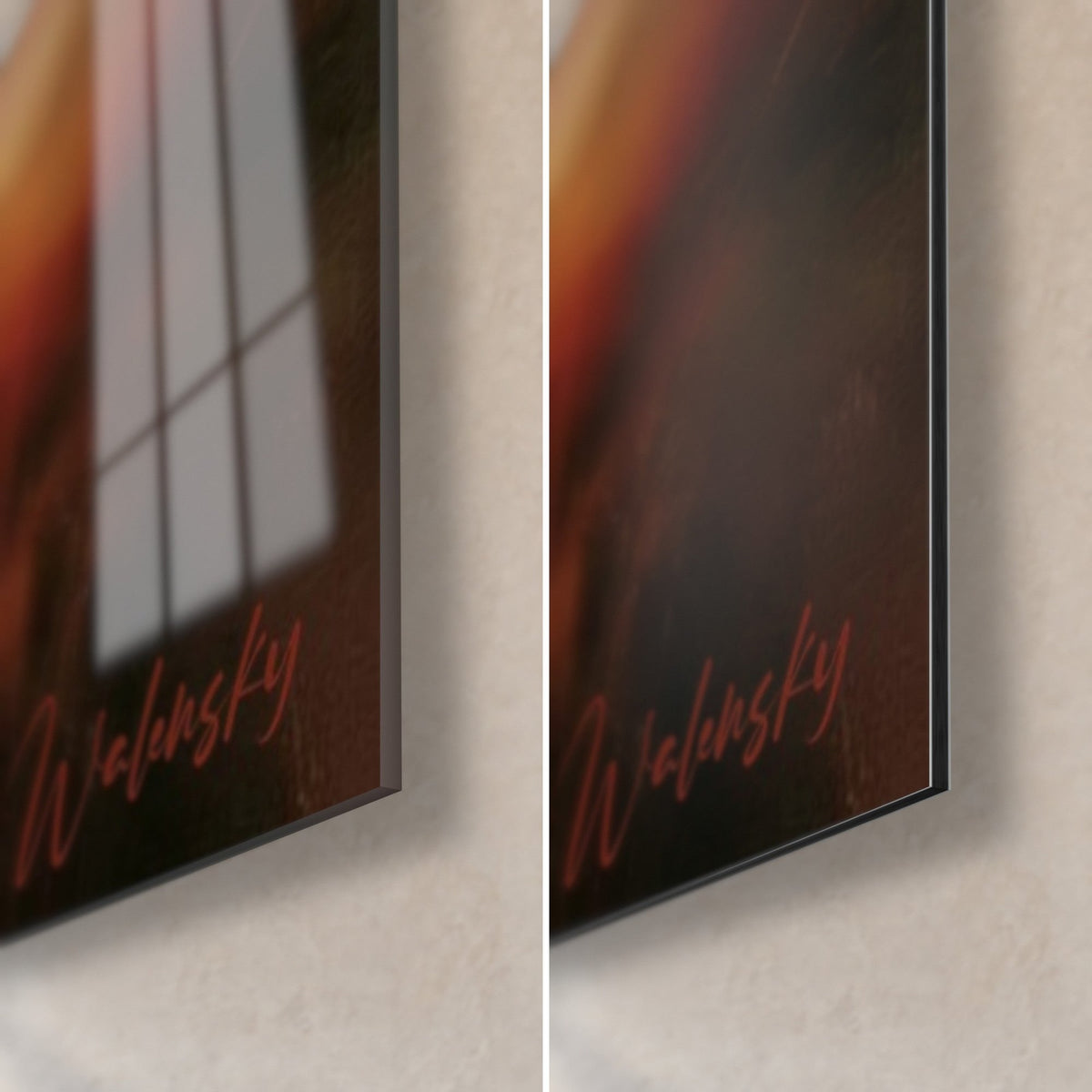 Wall art silhouetted bike rider, bottom right corner: glossy black glass with reflections, matte Dibond, 3 mm edge