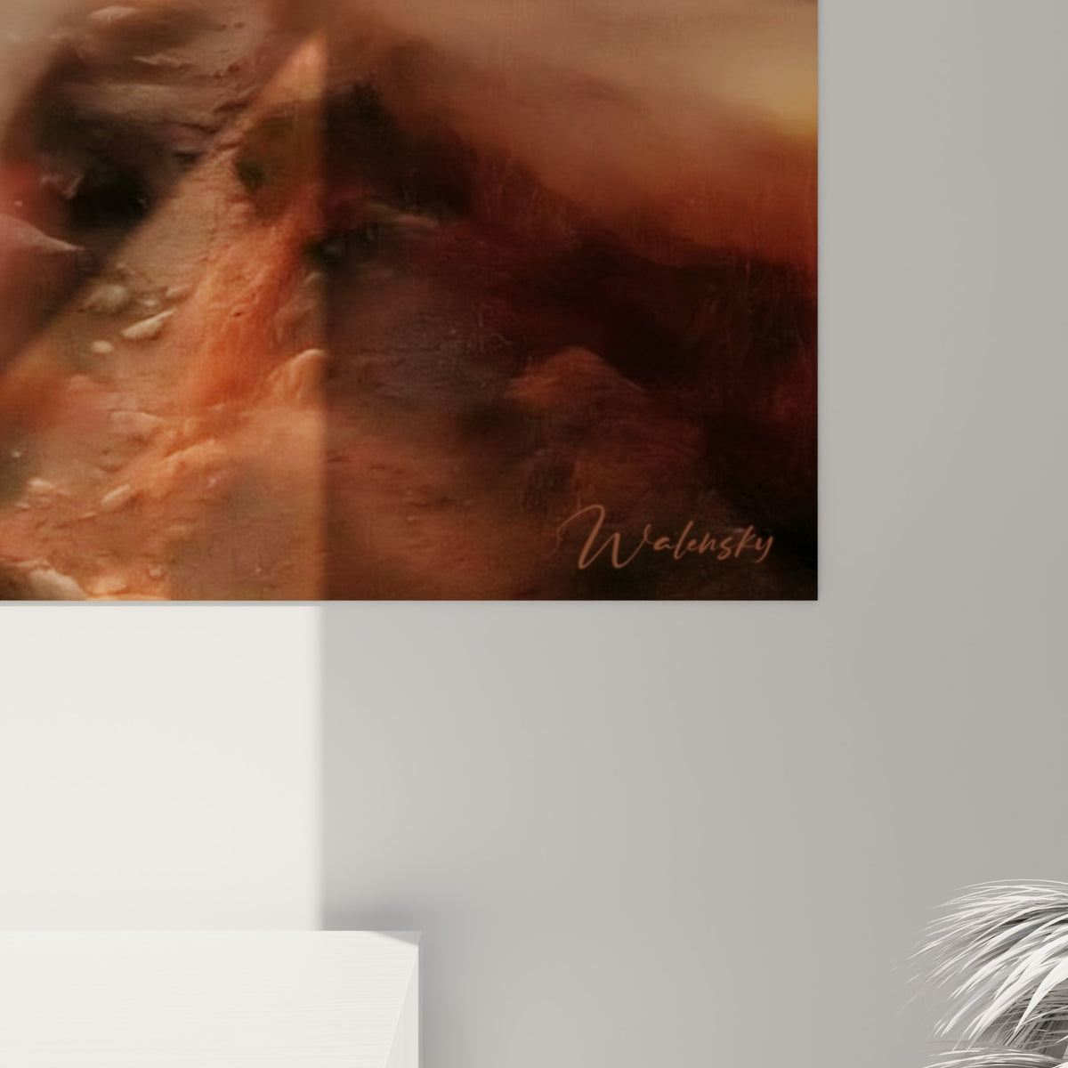 Matière picturale du tableau VTT révélant nuances rouge, ocre et bleu se fondant en empâtements subtils