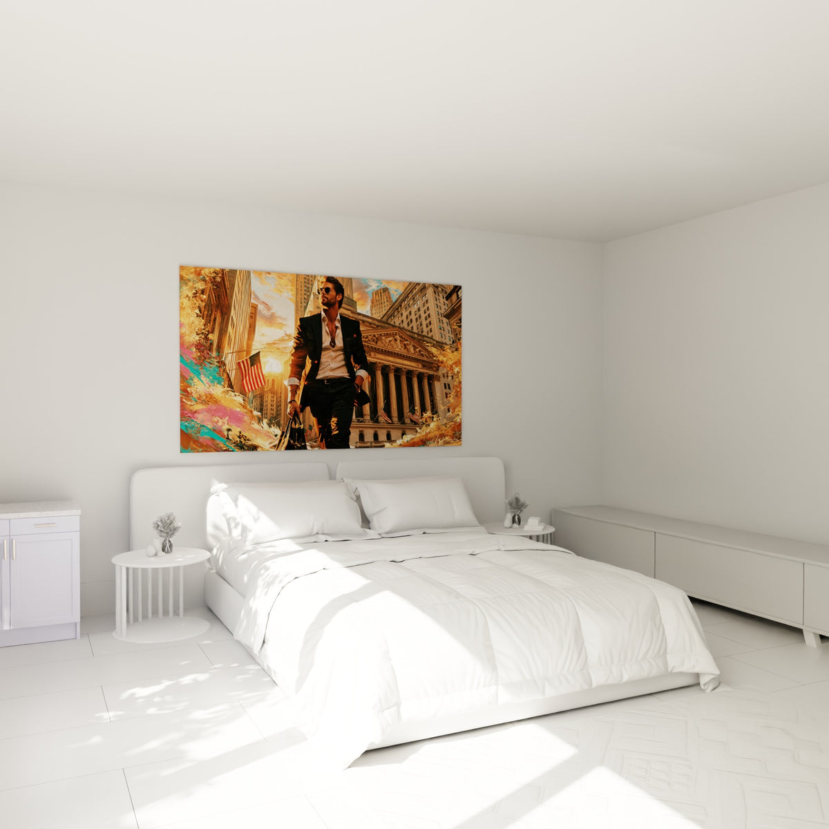 Personnage en costume anthracite marchant devant la bourse, au-dessus d'un lit dans une chambre claire