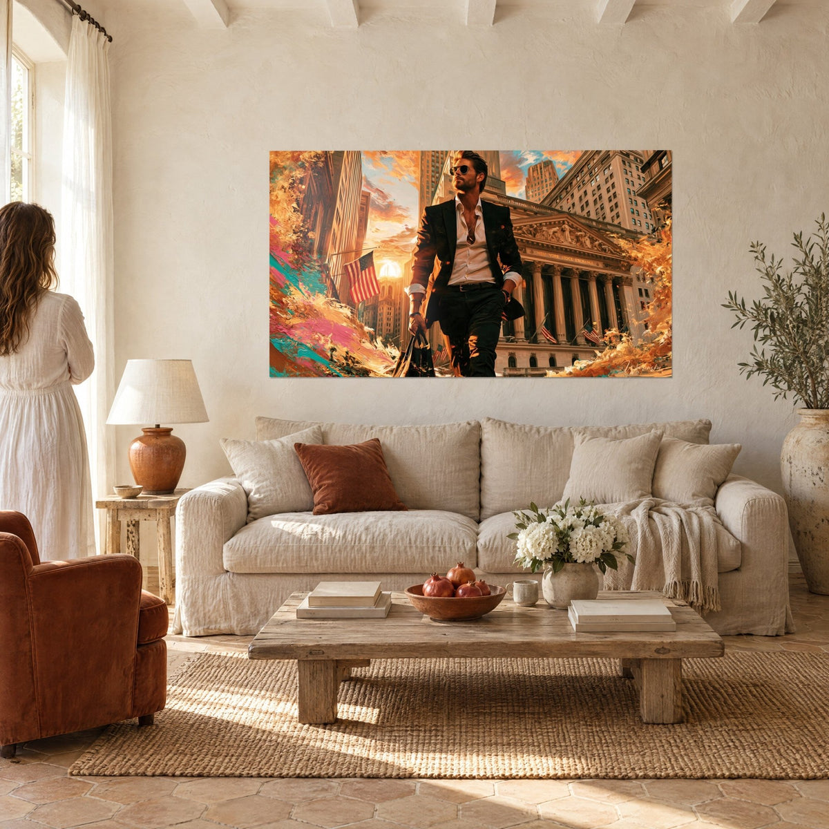 Wall art businessman in a black jacket walking past the New York Stock Exchange, orange and pink sky, above a sofa in a bright living room