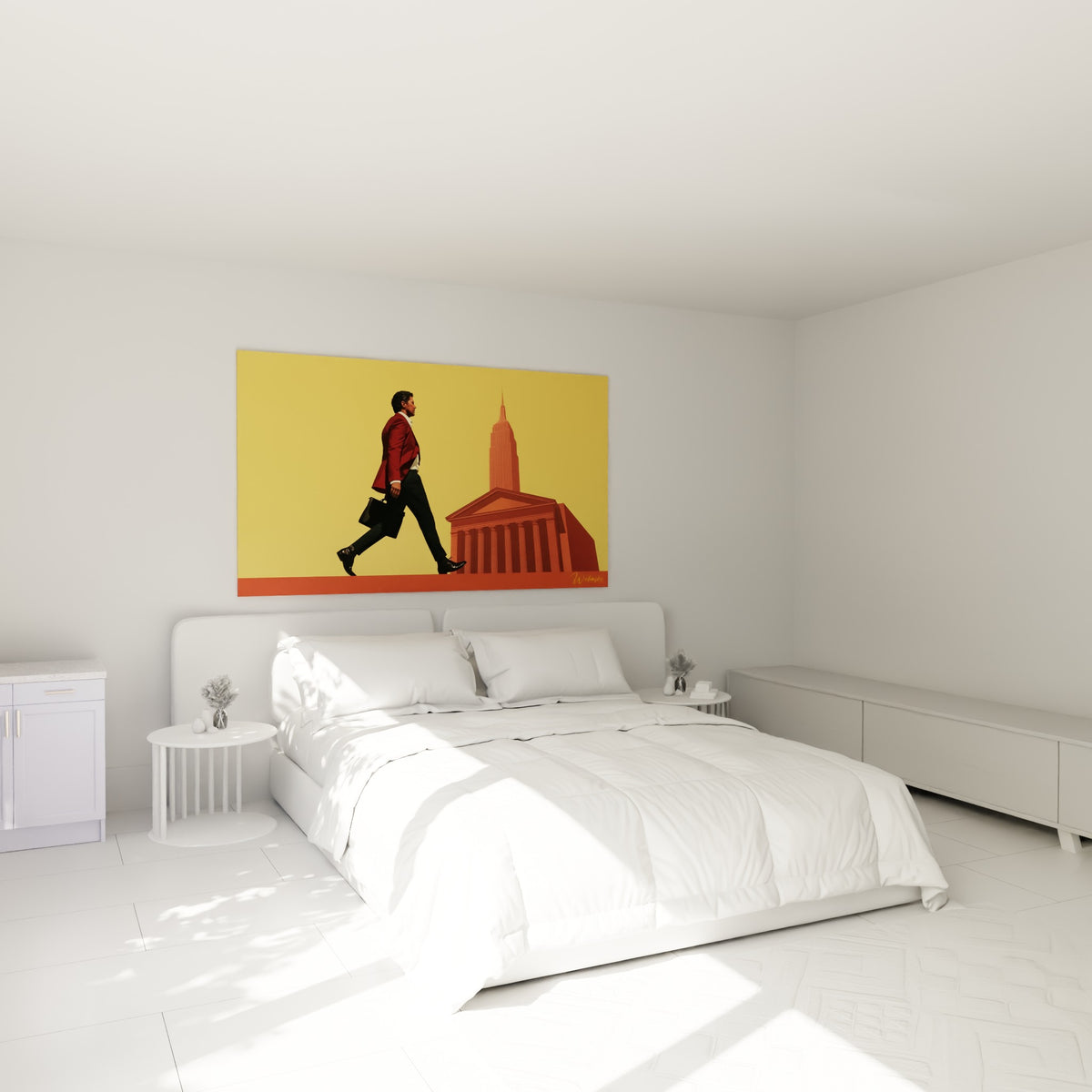 Silhouette en costume bordeaux et mallette noire, tableau Wall street au-dessus d'un lit dans une chambre claire
