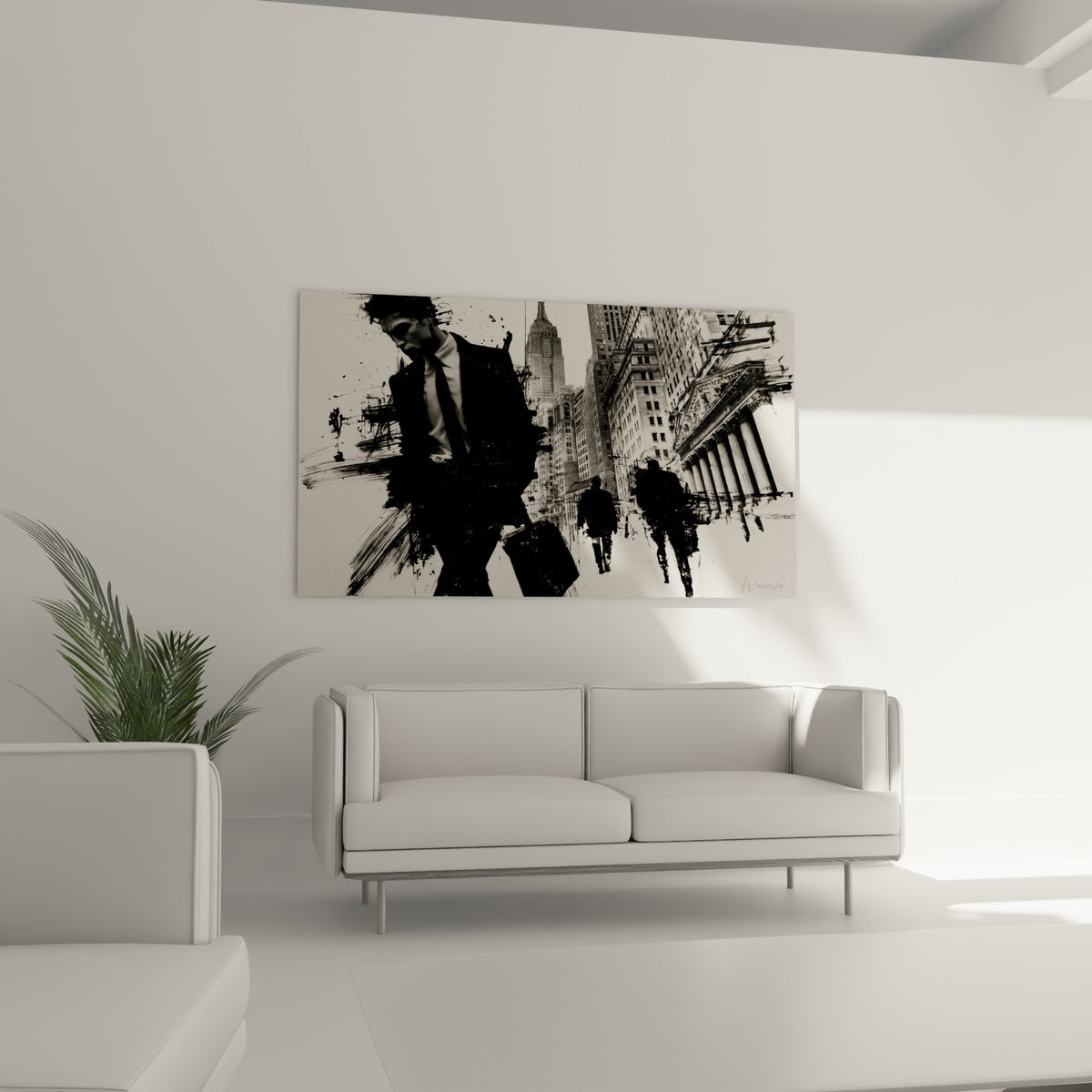 Costume noir et façade blanche de gratte-ciels new-yorkais formant ce tableau Wall Street, au-dessus d'un canapé dans un salon lumineux