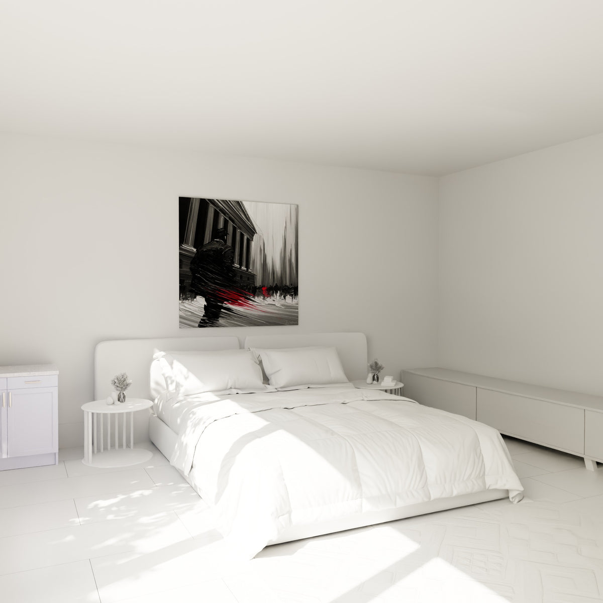 Personnage anthracite filant dans une rue blanche et grise, œuvre accrochée au-dessus d'un lit dans une chambre claire