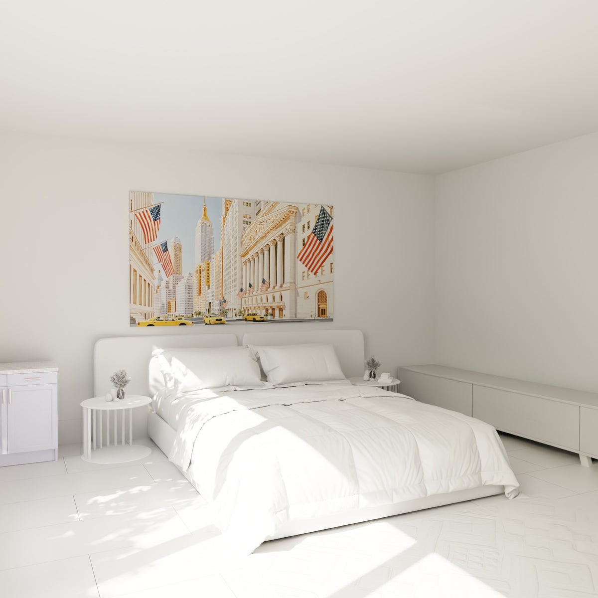 Rue de Wall Street aux tons ocre et bleu pastel, gratte-ciels new-yorkais, au-dessus d'un lit dans une chambre claire