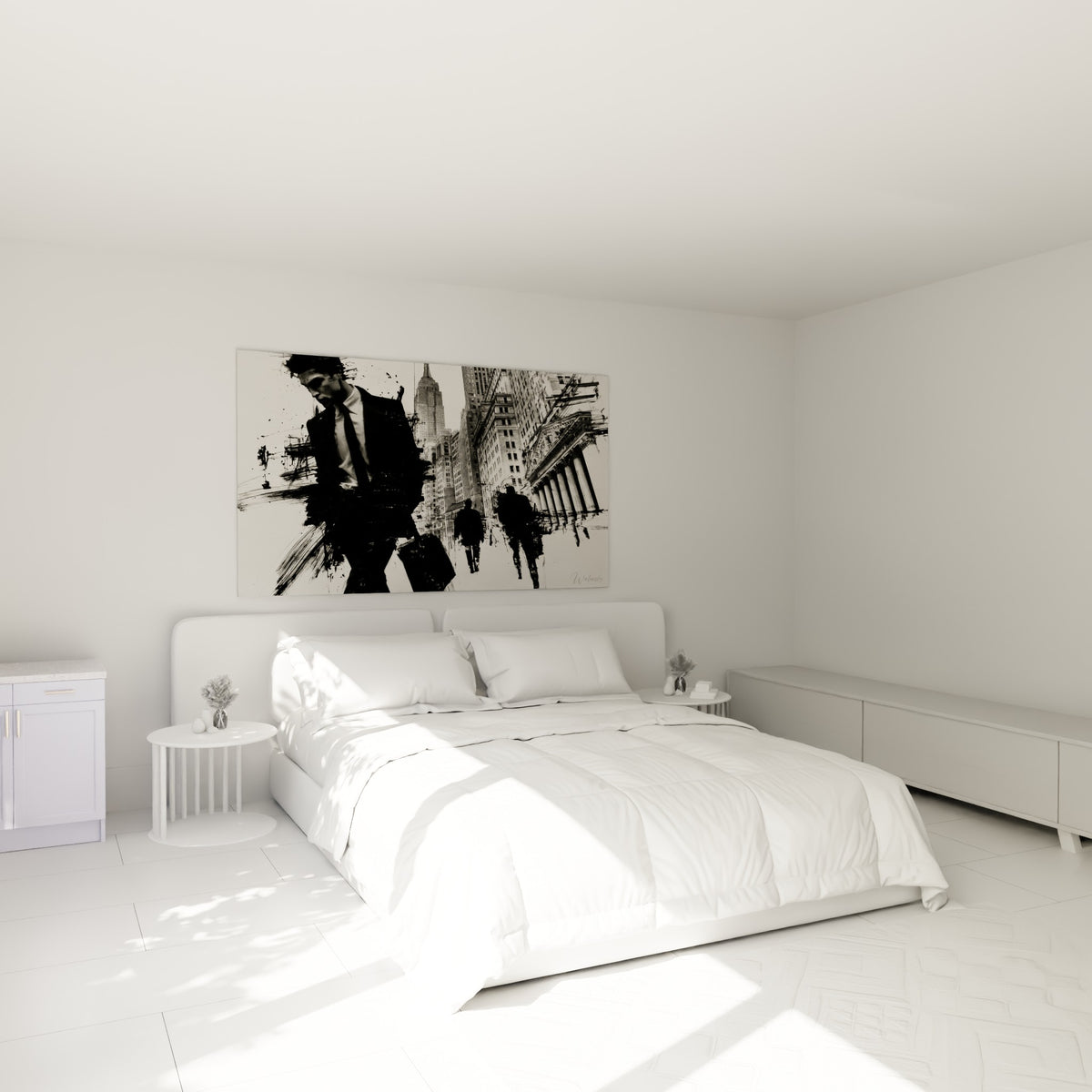 Silhouette d'homme d'affaires anthracite devant des gratte-ciels, accrochée au-dessus d'un lit dans une chambre claire