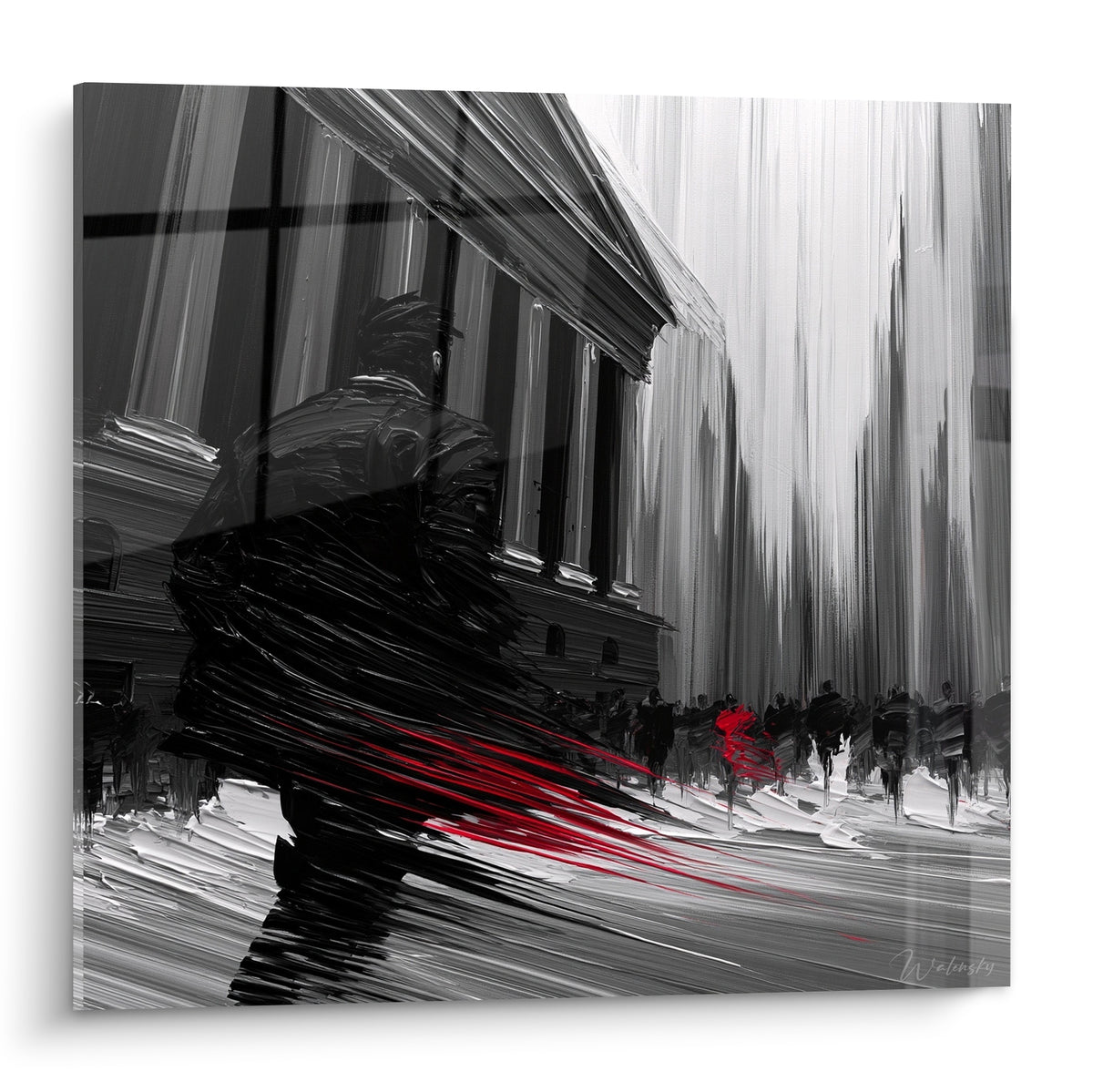 Silhouette noire en mouvement devant une façade grise à colonnes, traînée rouge vif traversant la scène