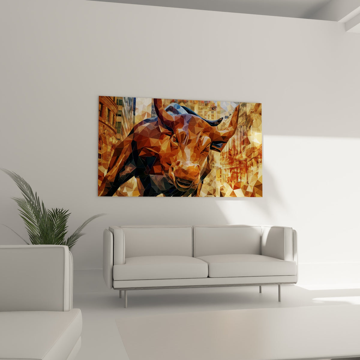 Bête bronze et ocre aux traits fragmentés placée au-dessus d'un canapé dans un salon lumineux