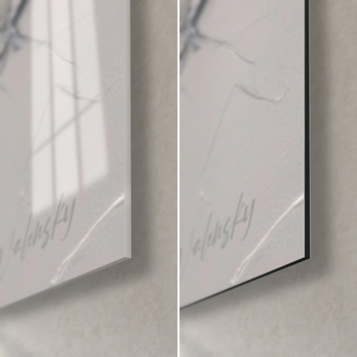 Wall art businessman in black and grey, bottom right corner: glossy acrylic glass on the left, matte white Dibond on the right, slim edge
