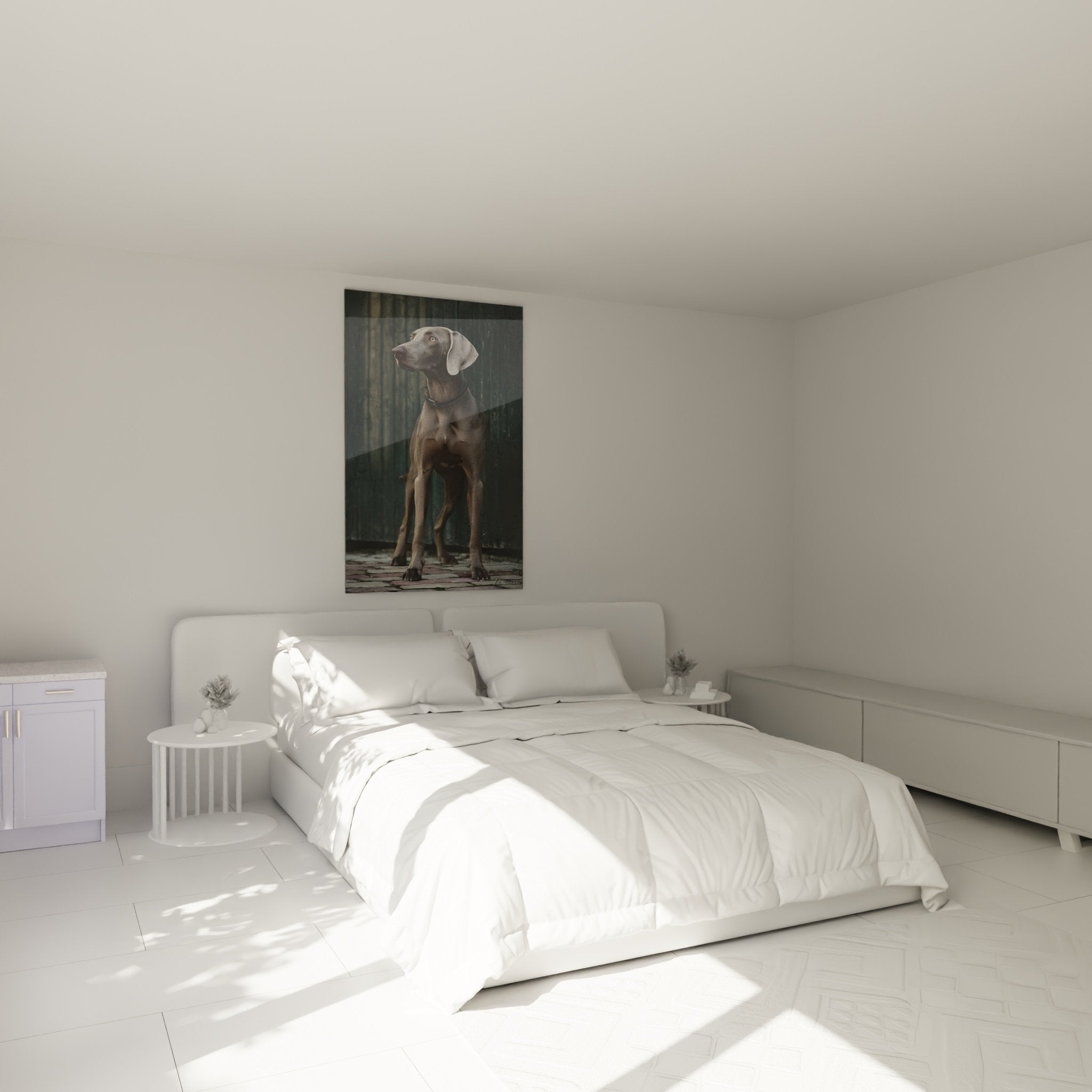 Tableau Weimaraner gris dans chambre moderne, decoration murale portrait chien elegant ambiance apaisante