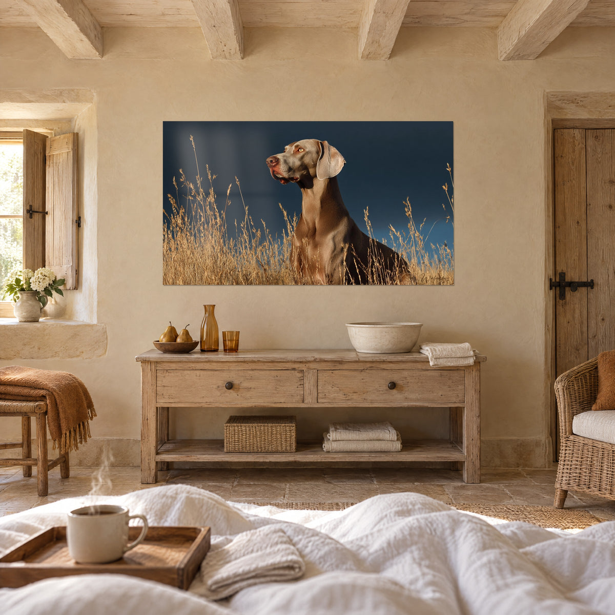 Cuadro perro de caza gris pardo, perfil orgulloso entre hierbas rubias, cielo azul oscuro, colgado encima de una cama en un dormitorio luminoso