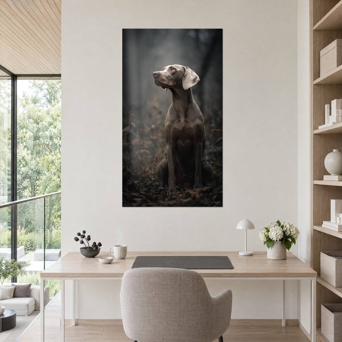 Cuadro de un perro de caza gris de mirada ámbar, fondo de bruma oscura y hojas rojizas, escritorio de madera, silla gris, gran estantería de libros