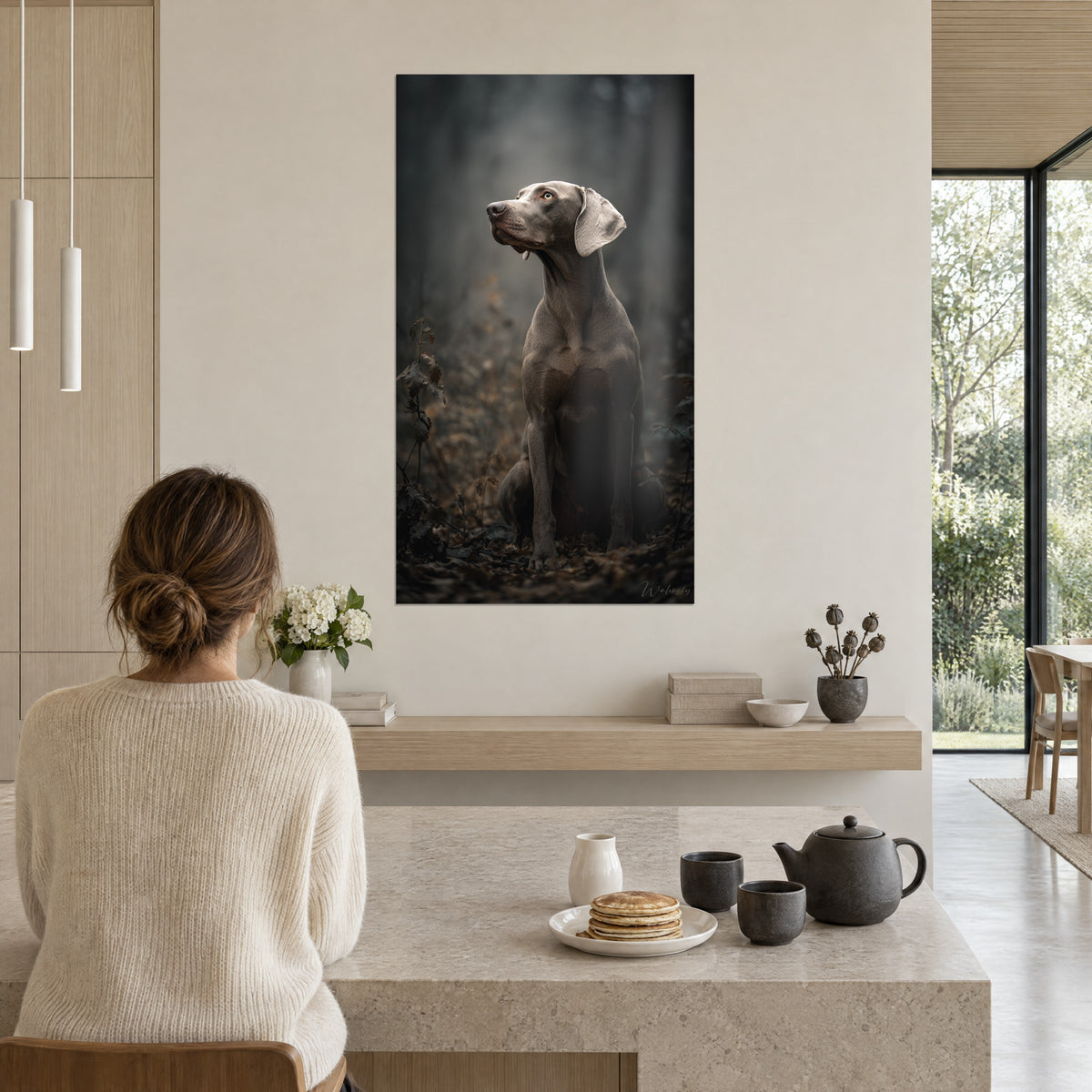 Cuadro de un galgo gris sentado en un sotobosque ocre brumoso, mujer de espaldas con jersey crema, cocina luminosa, tetera y crêpes