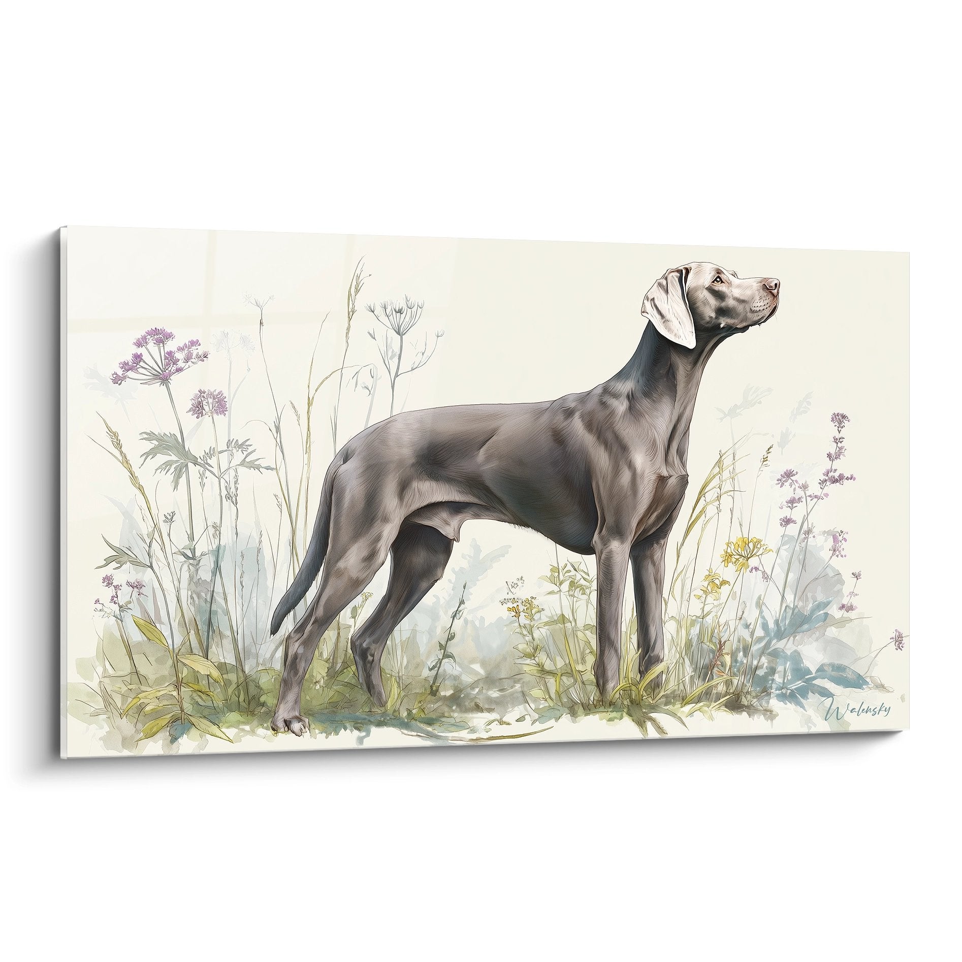 Tableau Weimaraner gris dans prairie fleurie tons pastel lilas violet art animalier elegant