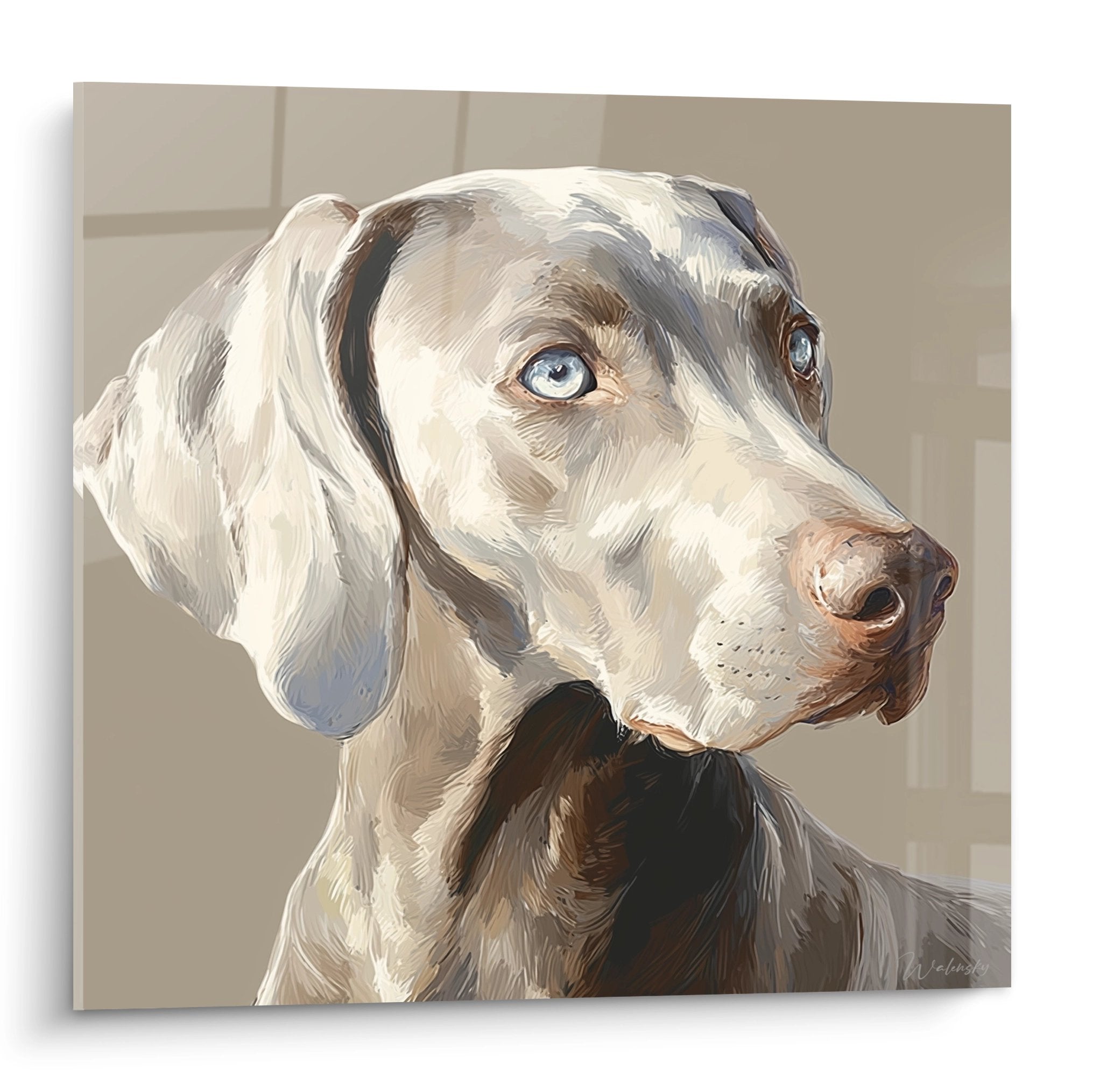 Portrait artistique de Weimaraner gris aux yeux bleus perçants sur fond beige, style peinture contemporaine noble